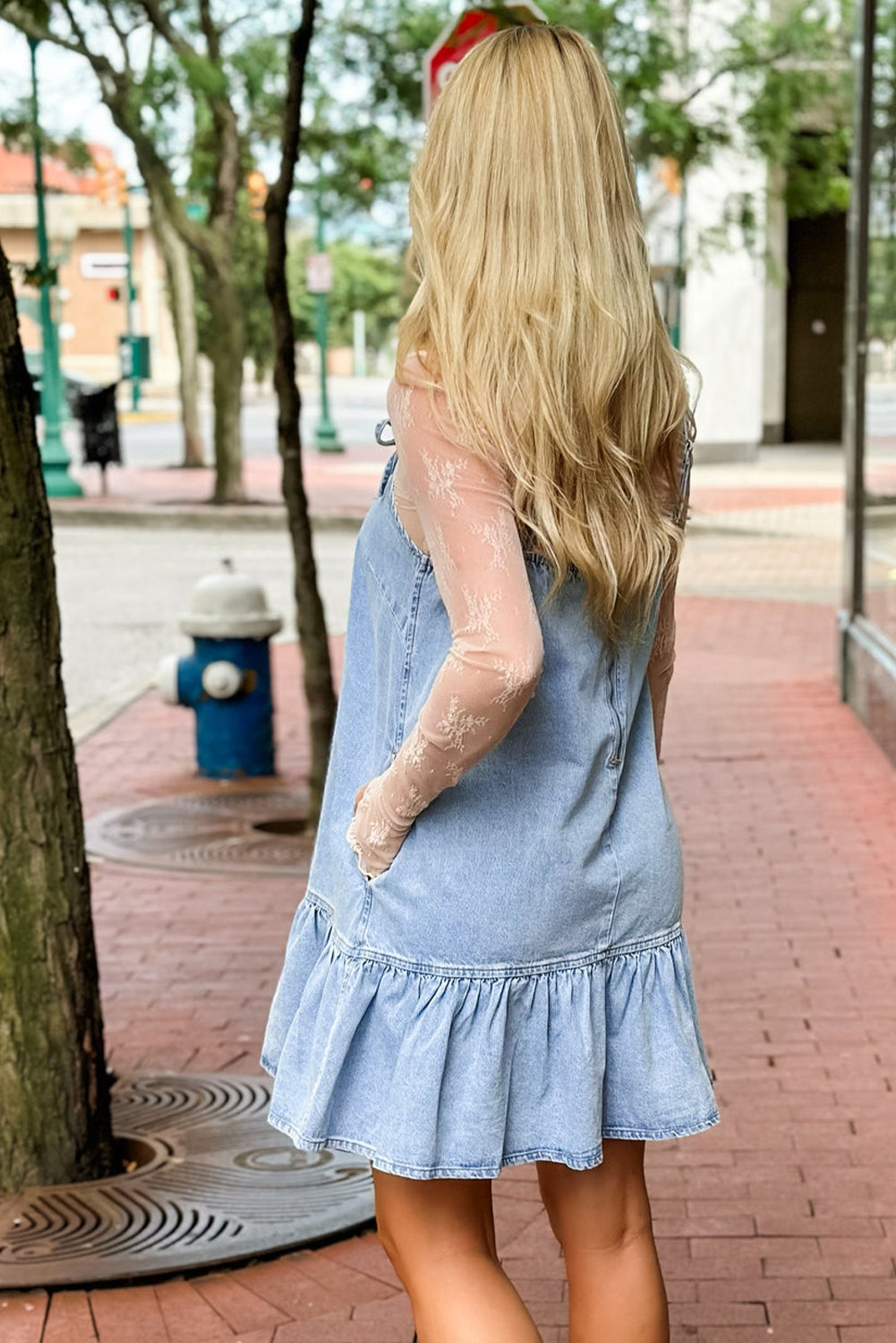 Beau Blue Bow Detail Spaghetti Straps Ruffle Hem Denim Short Dress eAura