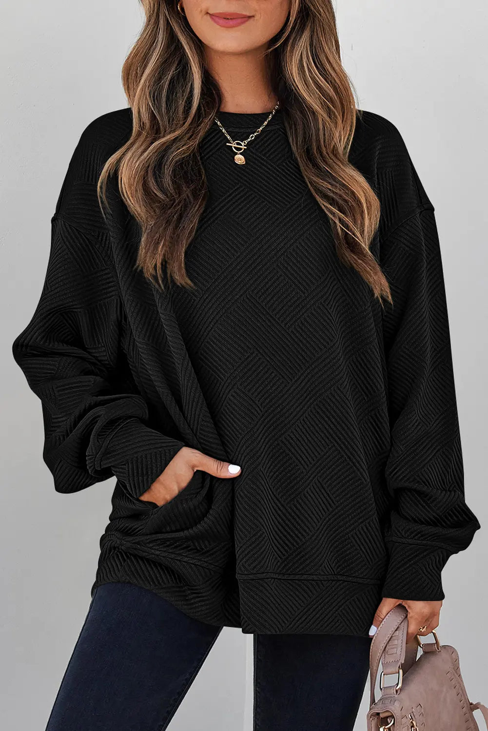 Jungle Solid Colour Textured Round Neck Drop Shoulder Pullover Sweatshirt – Green