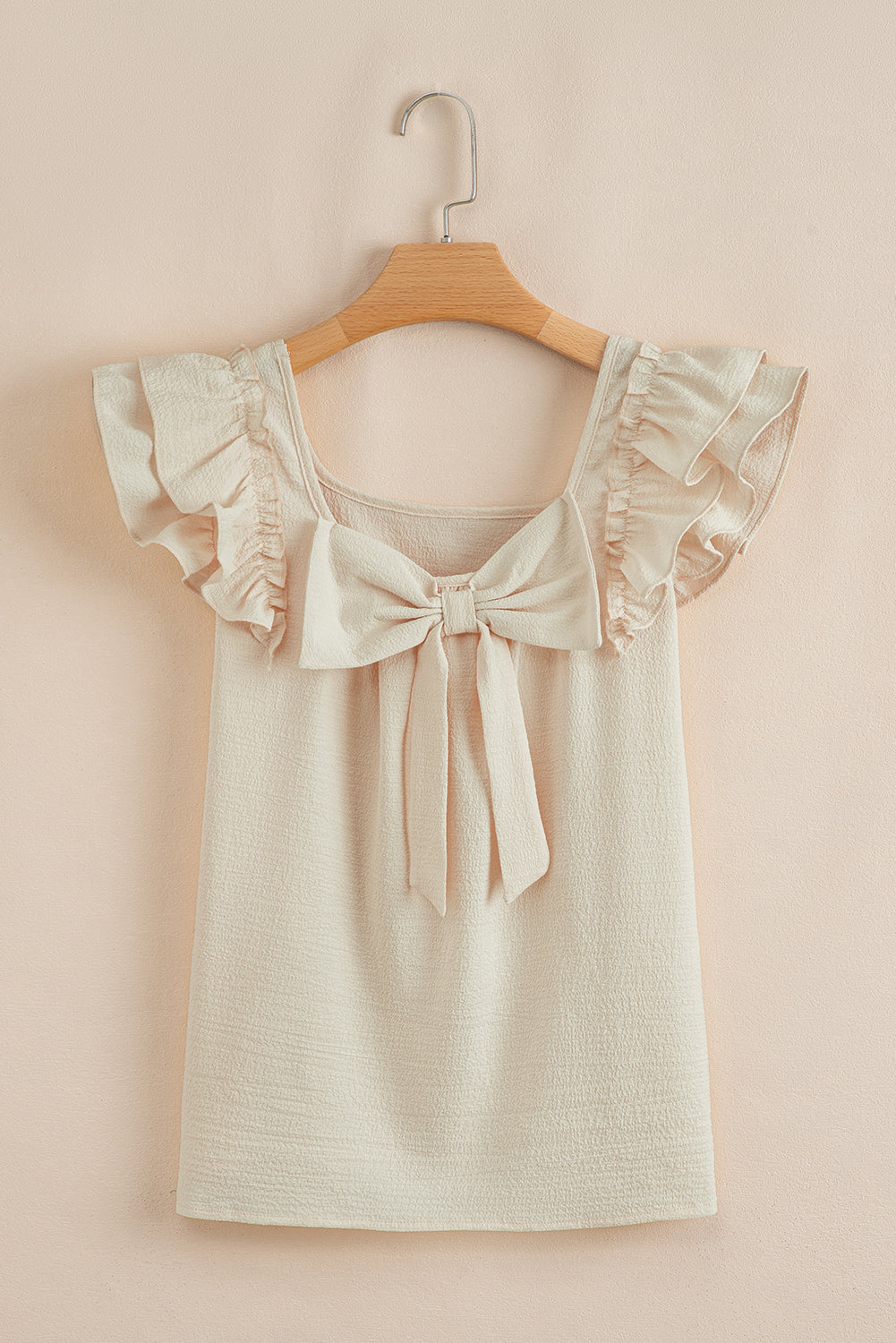 Beige Textured Bow Knot Frilled Butterfly Sleeve Blouse eAura