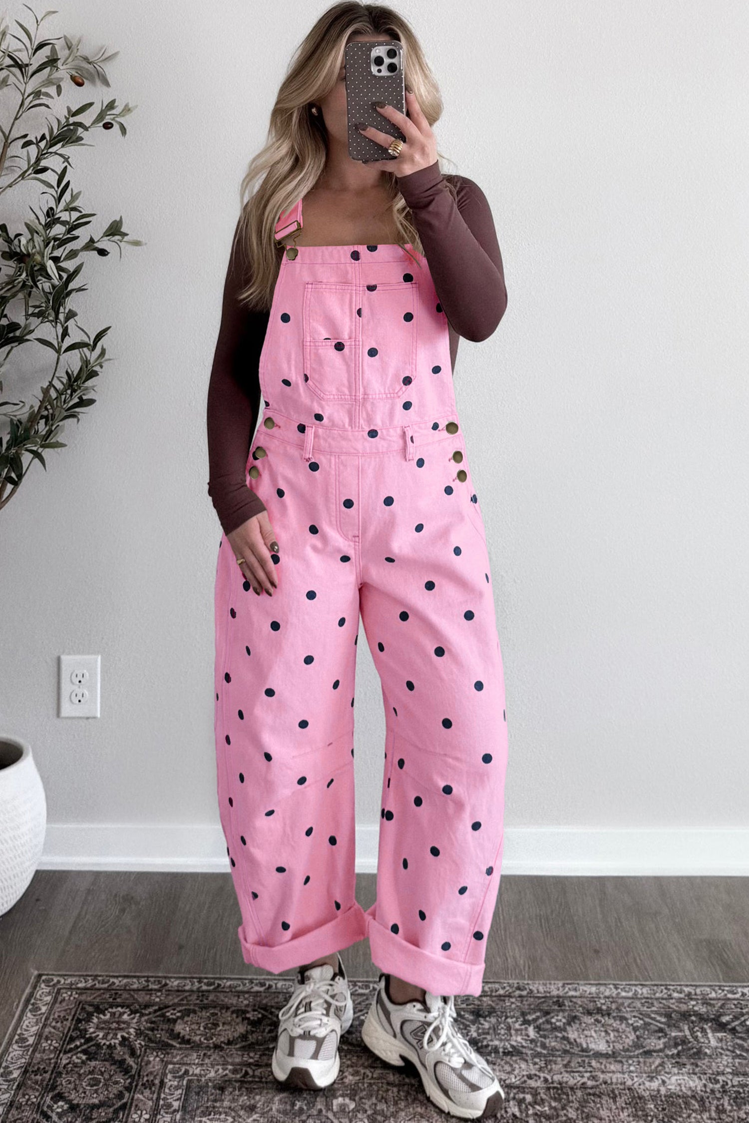 Polka Dot Print Bib Pocket Denim Barrel Overalls