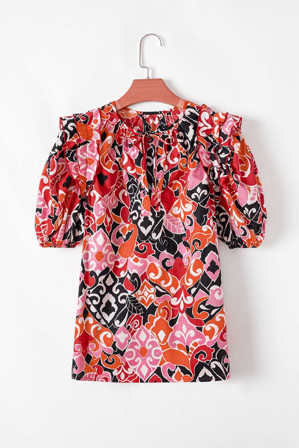 Red Ethnic Print Split Neck Short Puff Sleeve Blouse eAura