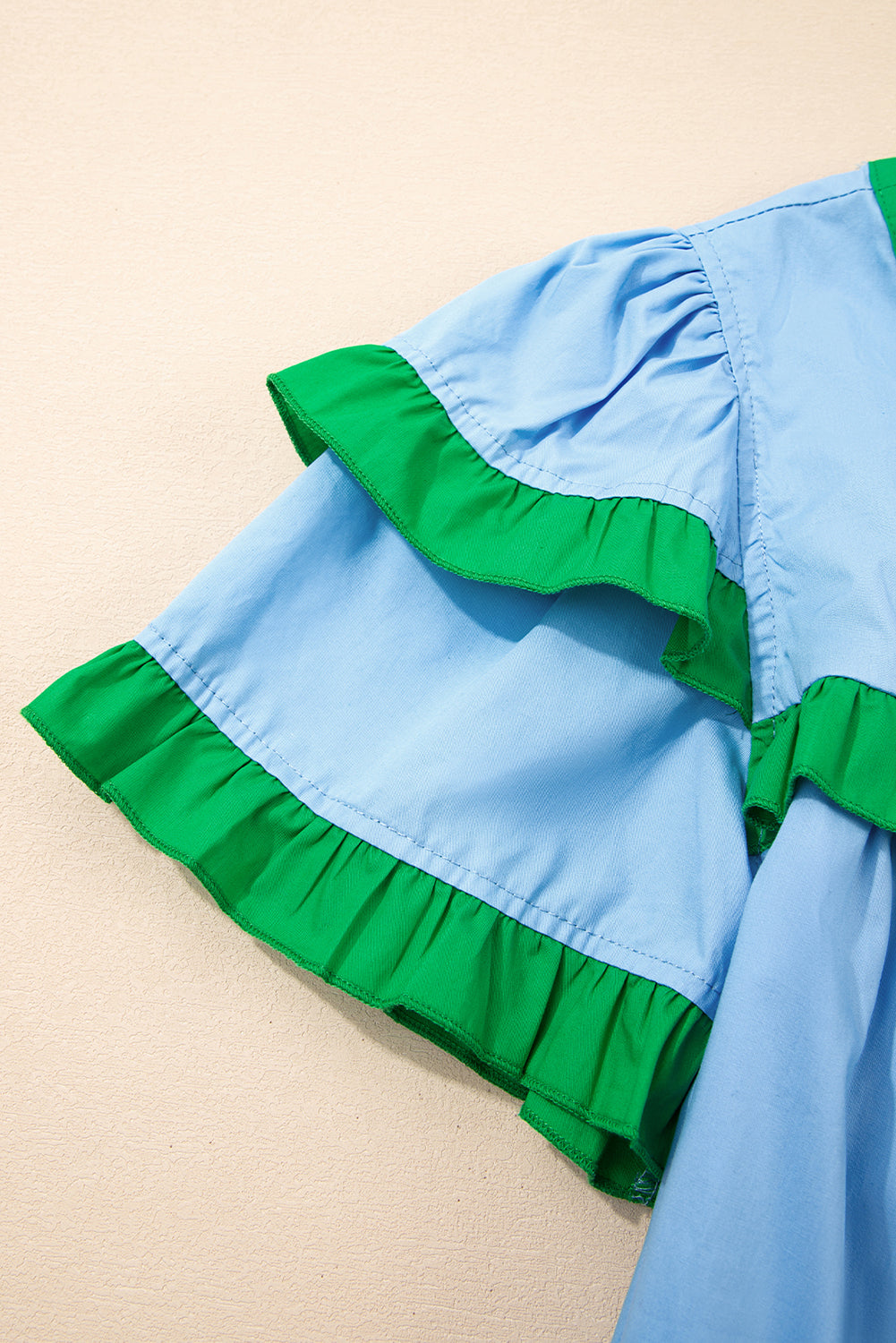 Blue Contrast Notched Neck Frill Detail Short Sleeve Blouse eAura