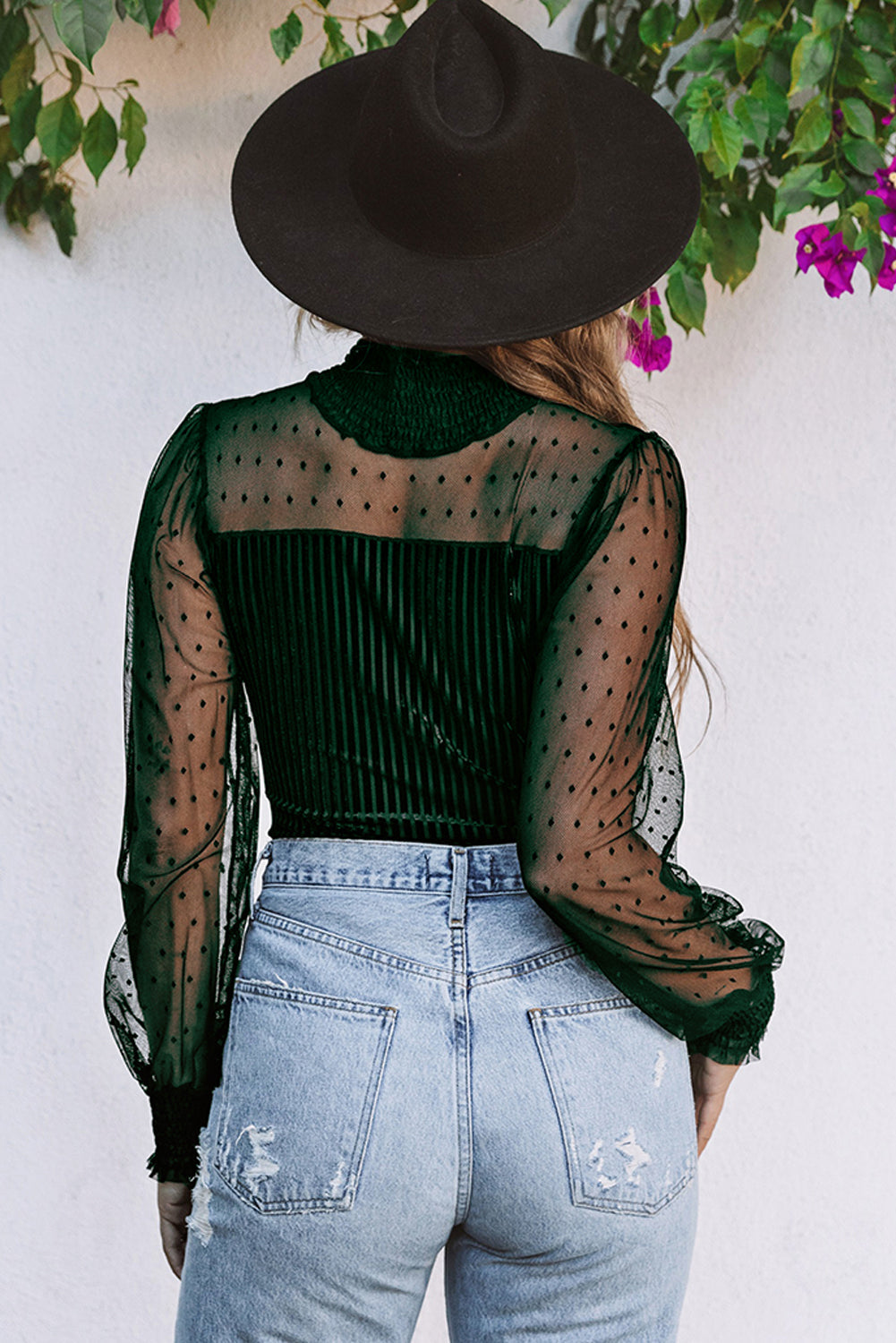 Black Sheer Dotty Long Sleeve Ribbed Velvet Bodysuit eAura
