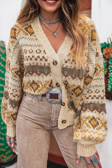 Khaki Western Pattern Knit Button V-Neck Cardigan eAura