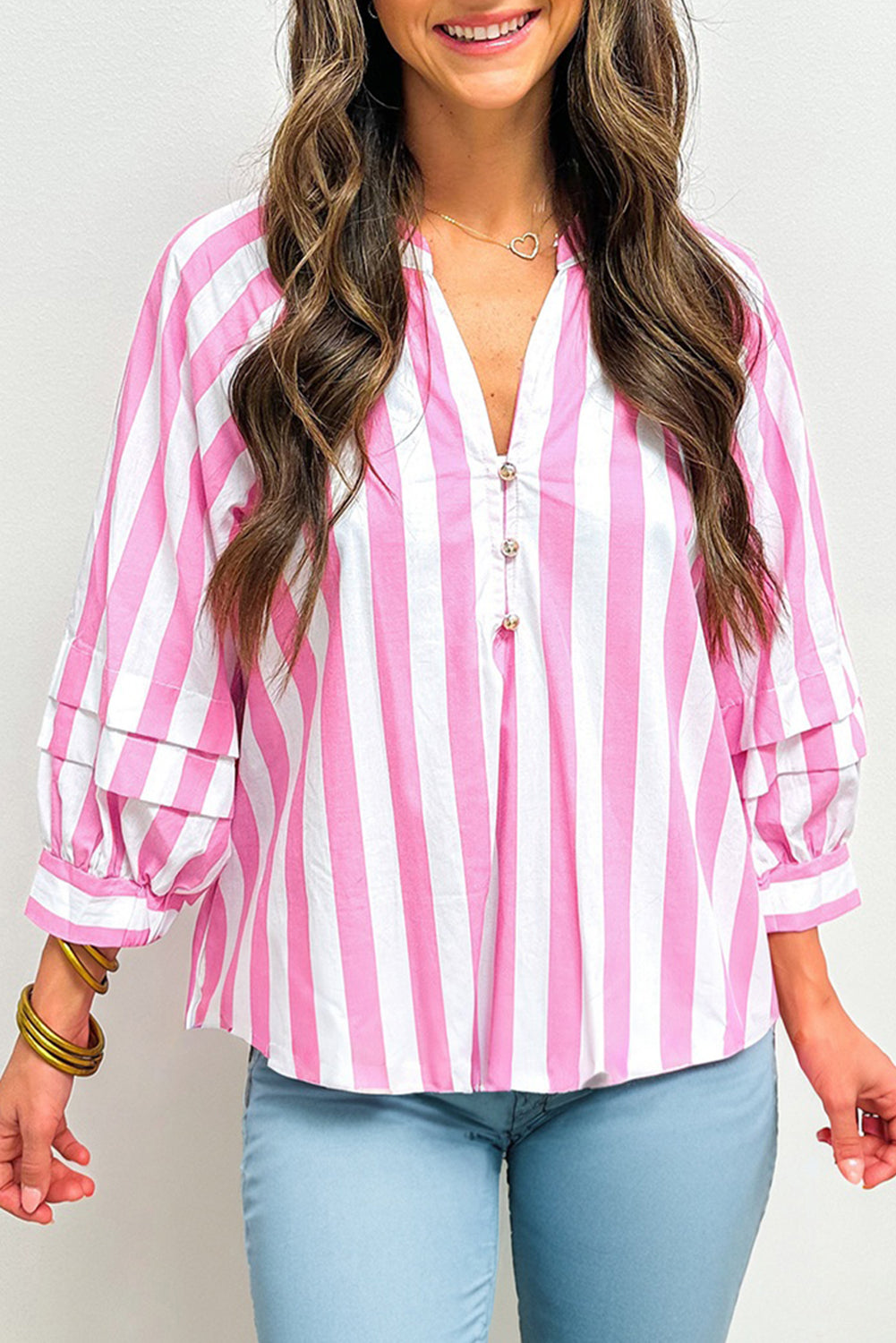 Stripe Split Neck Button Decor Front Puff Sleeve Blouse - eAura