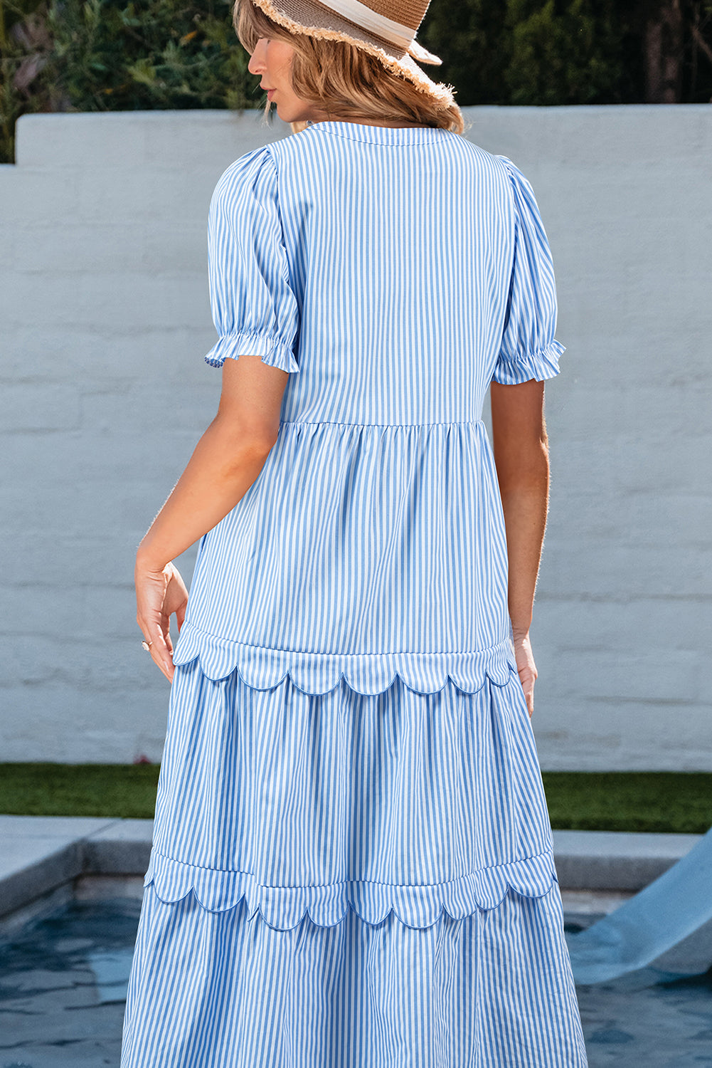Sky Blue Stripe Bubble Short Sleeve Tiered Scallop Long Dress eAura