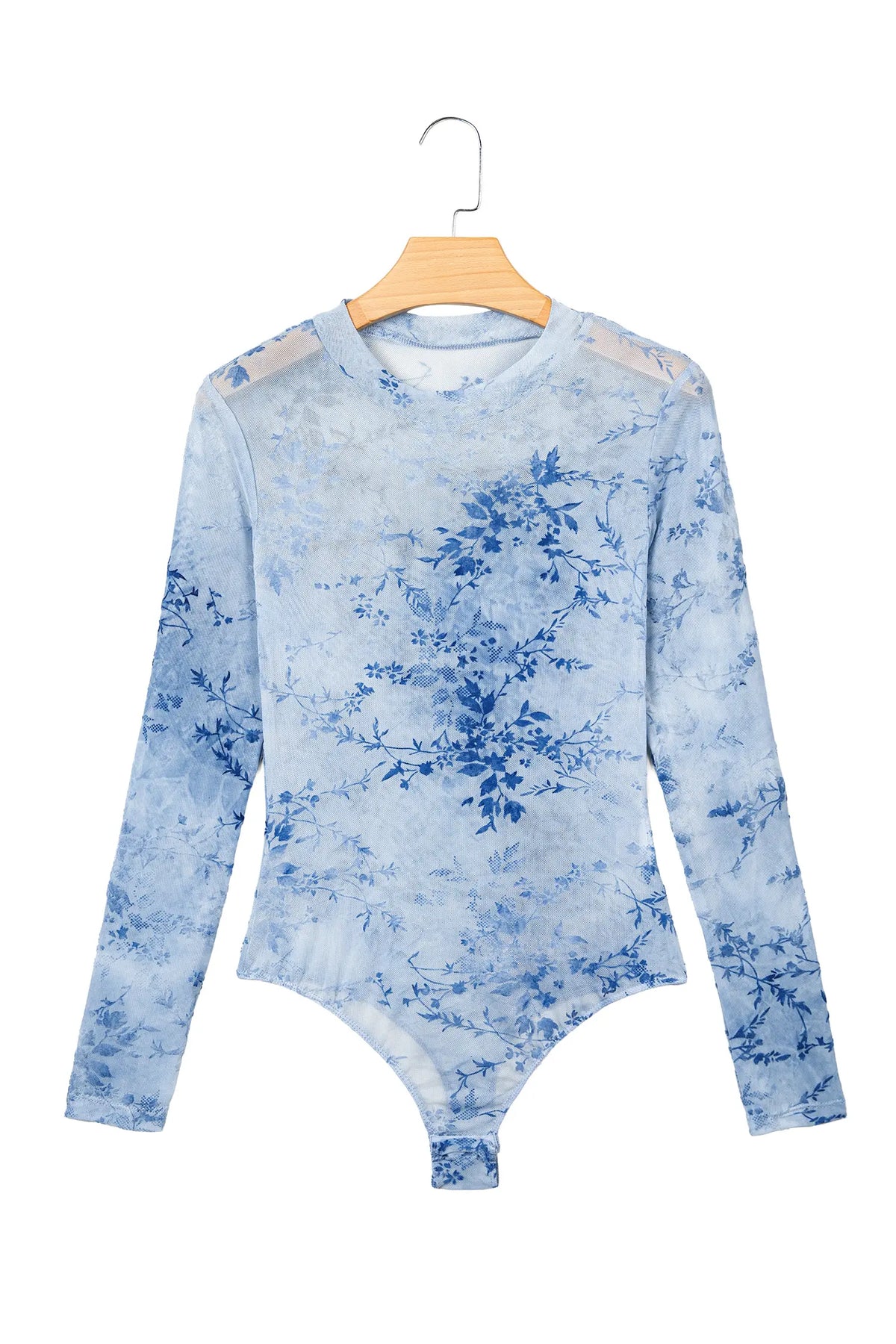 Sky Blue Sheer Mesh Floral Printed Mock Neck Long Sleeve Bodysuit – Light Blue