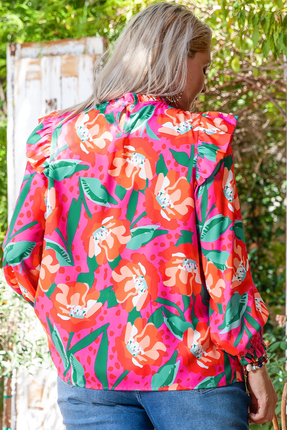 Rose Floral Print Pleated Ruffled O Neck Plus Size Blouse BB Fashion Outlet