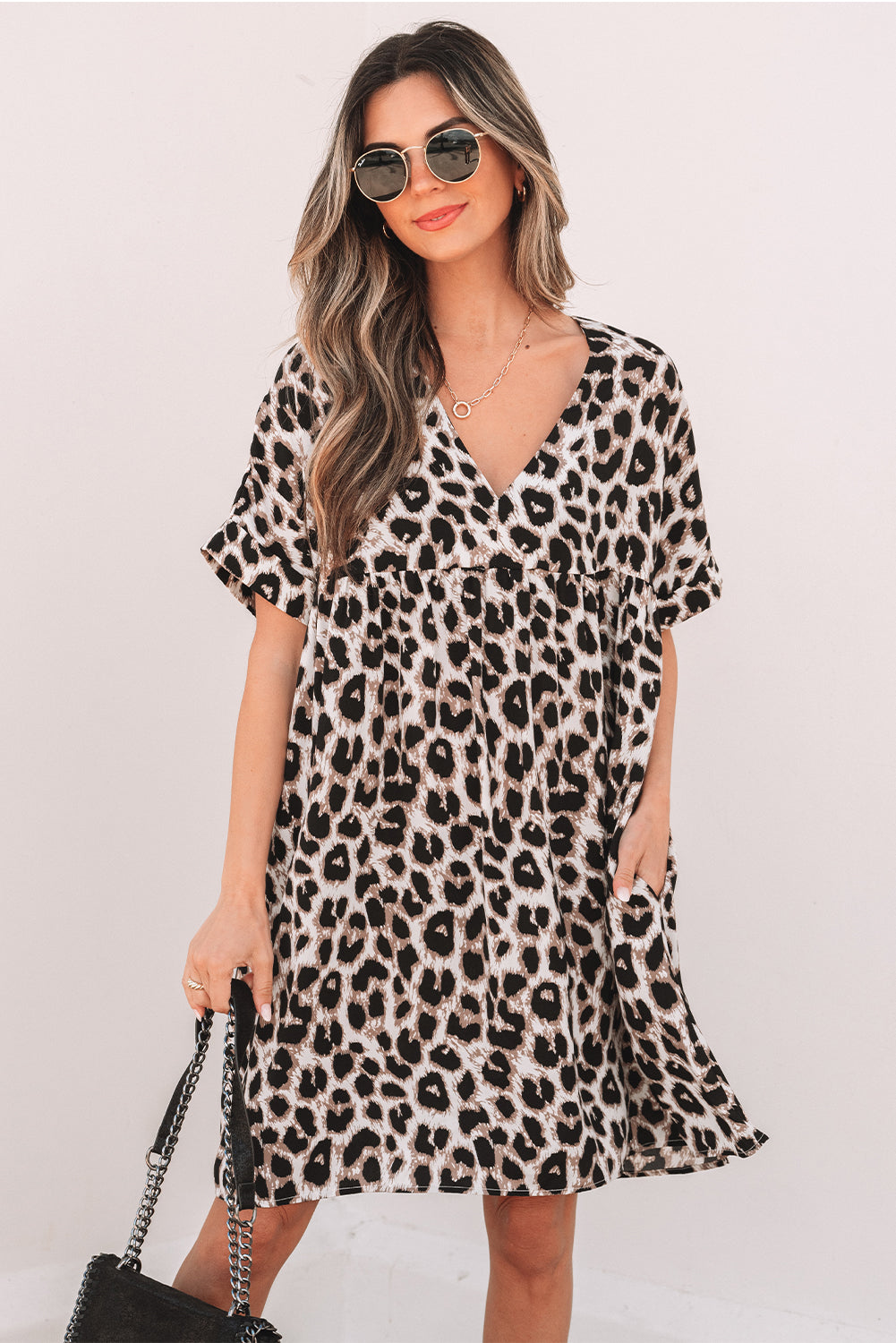 Khaki Cheetah Print Backless V Neck Loose Fit Mini Dress eAura