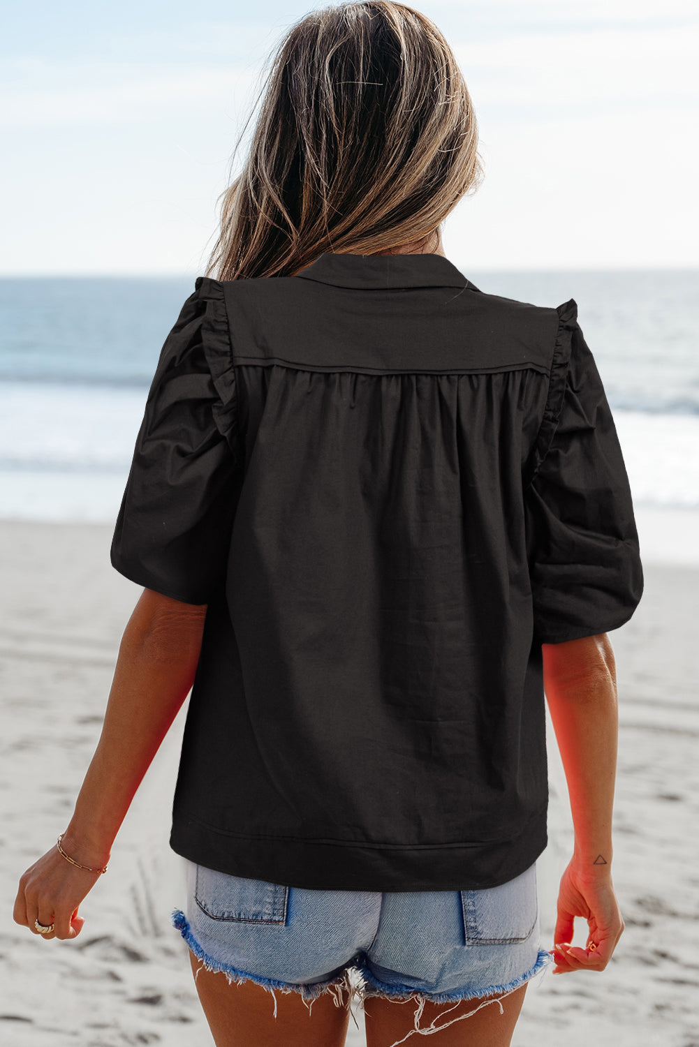 Black Ruffled Puff Sleeve Stylish Collared Shirt eAura