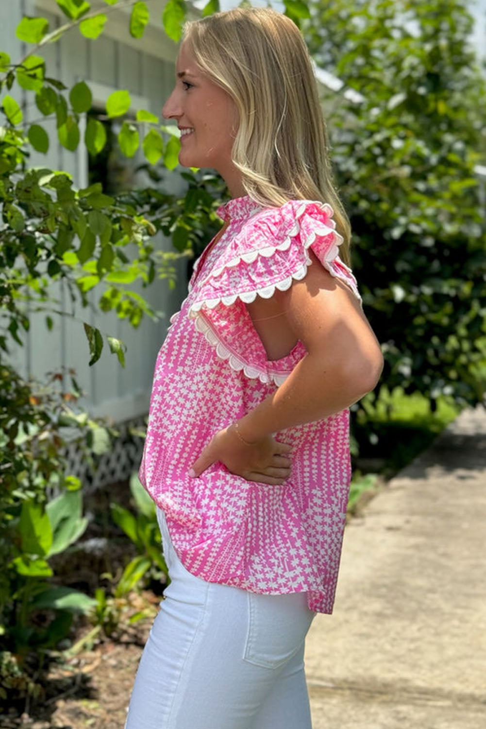 Pink Abstract Print Ric Rac Trim Flutter Sleeve Notch V Neck Blouse eAura