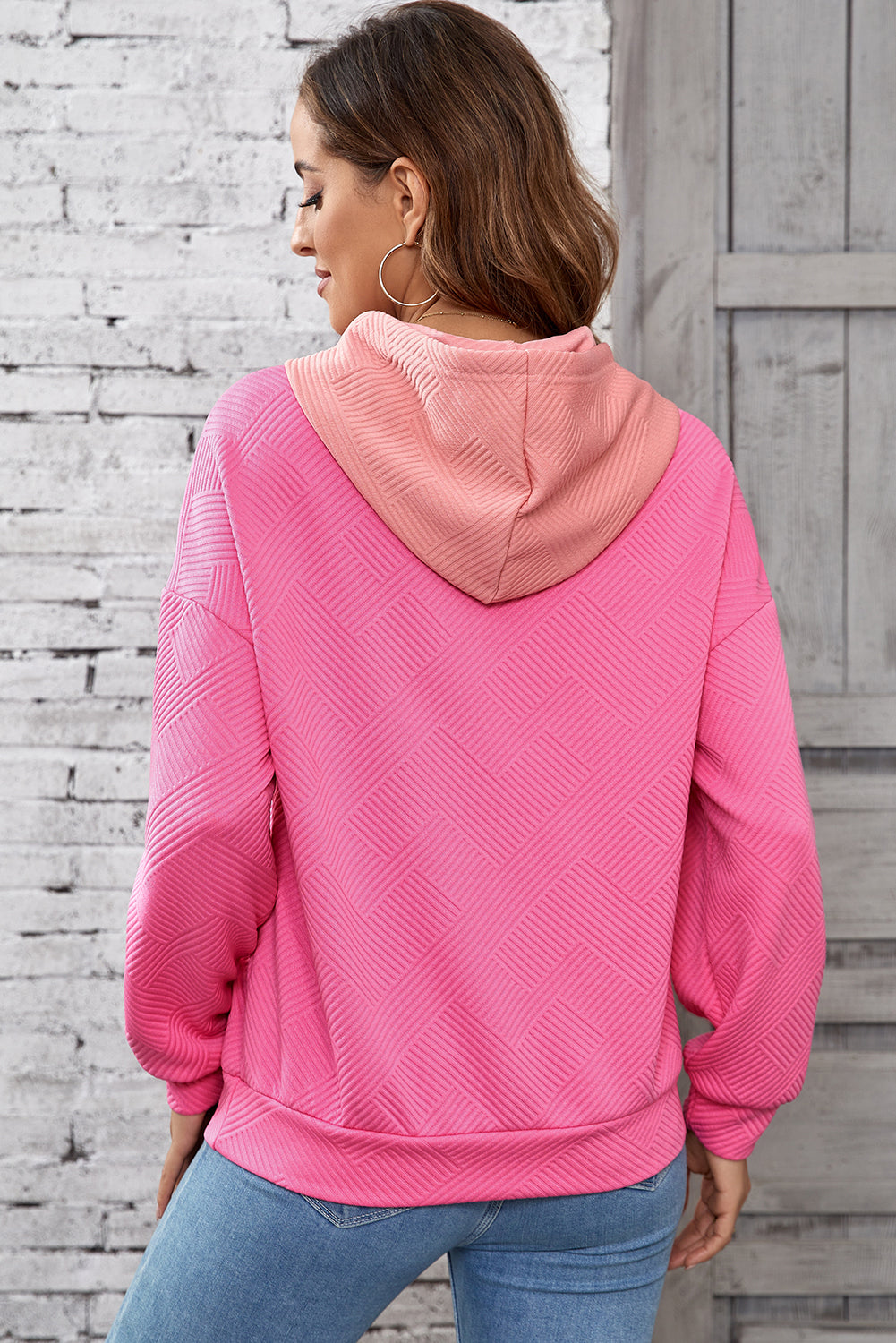 Pink Textured Colour Block Kangaroo Pocket Drop Shoulder Hoodie eAura