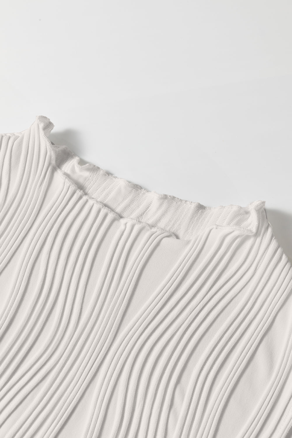 White Solid Colour Wavy Textured Round Neck Sleeveless Top - eAura