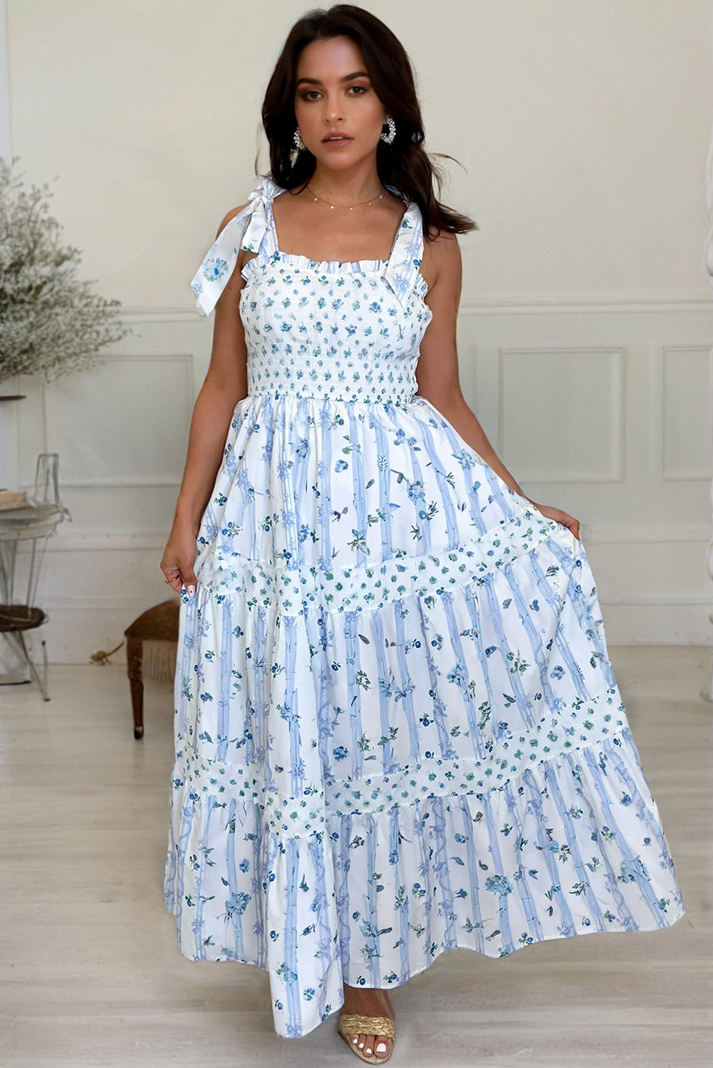 Sky Blue Floral Smocked Tied Straps A-Lined Tiered Maxi Dress eAura
