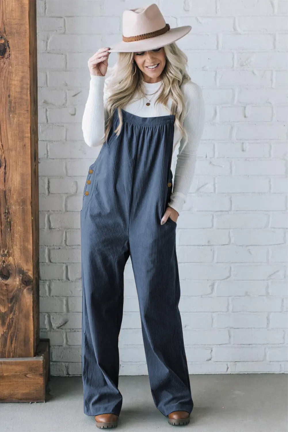 Button Adjustable Straps Solid Colour Ribbed Jumpsuit - Green or Teal