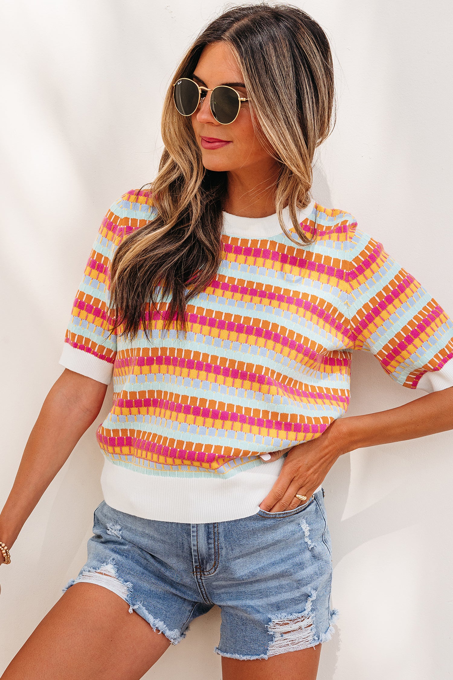 Abstract Striped Knit Short Sleeve Sweater