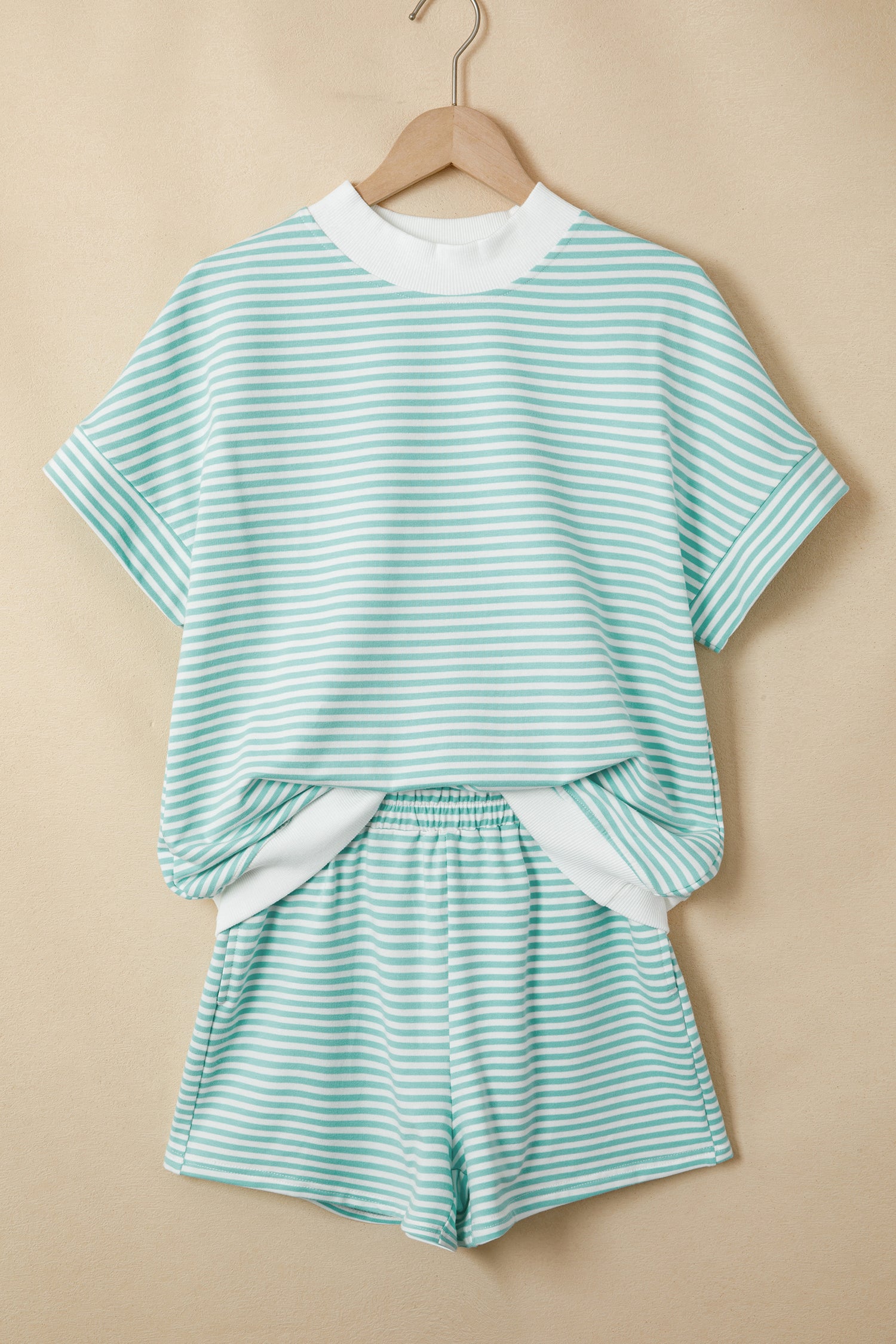 Stripe Cuffed Sleeve Contrast Mock Neck Tee Casual Co-ord Short Set