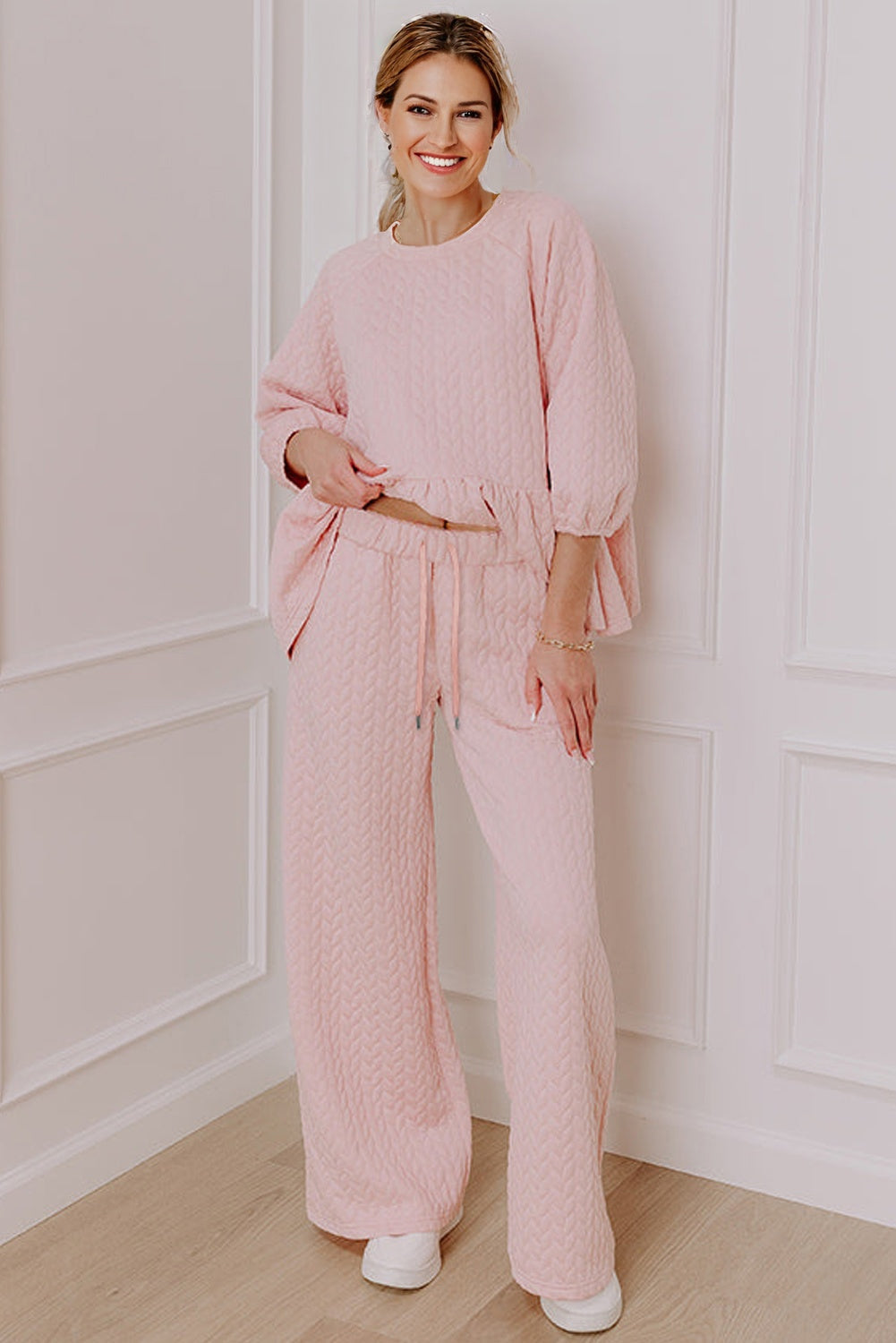 Delicacy Braided Texture Ruffle Hem Top Drawstring Loose Pants Set Dear-Lover Dropshipping