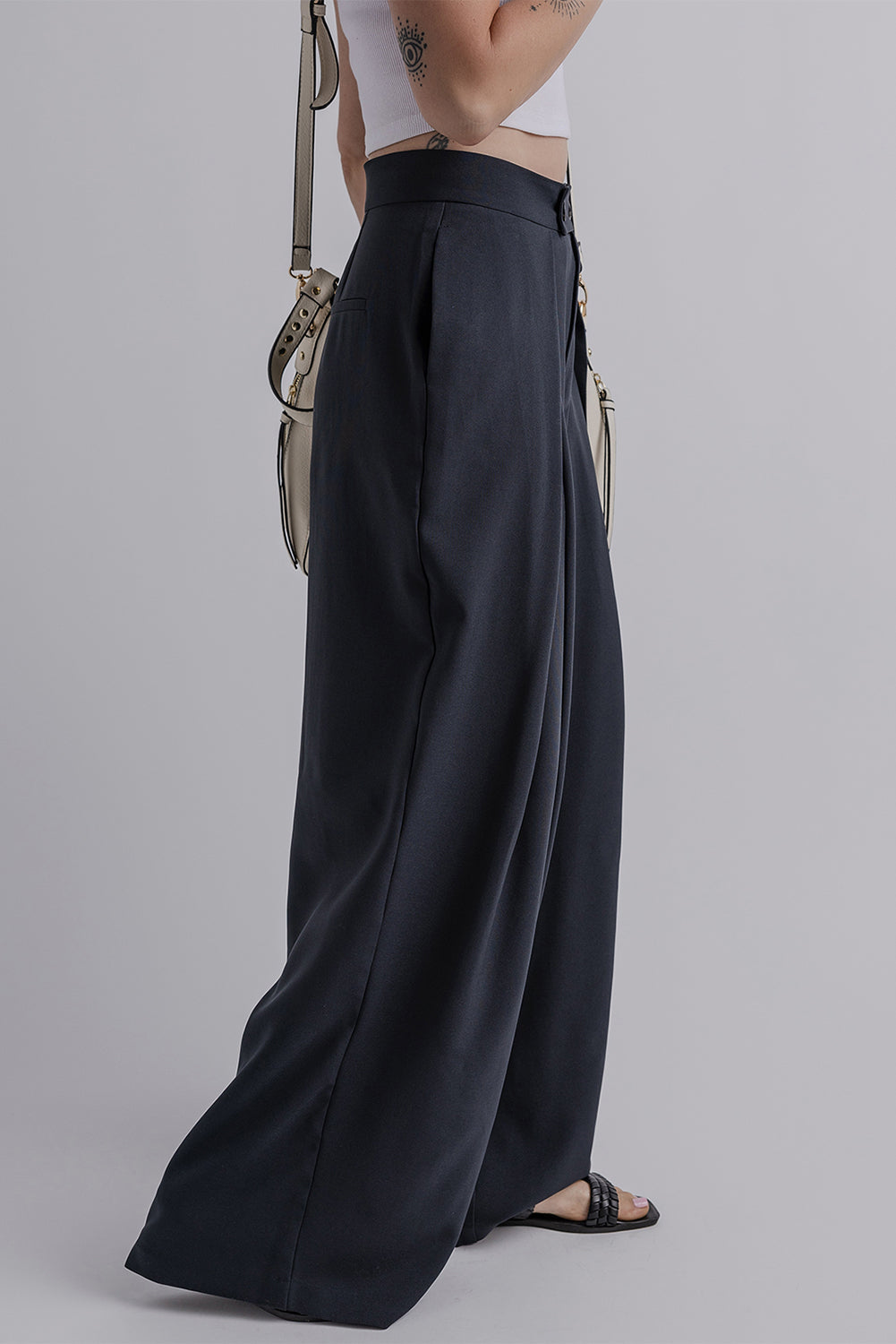 Dirty blue Dual Buttoned High Waist Pleated Wide Leg Trousers BB Fashion Outlet