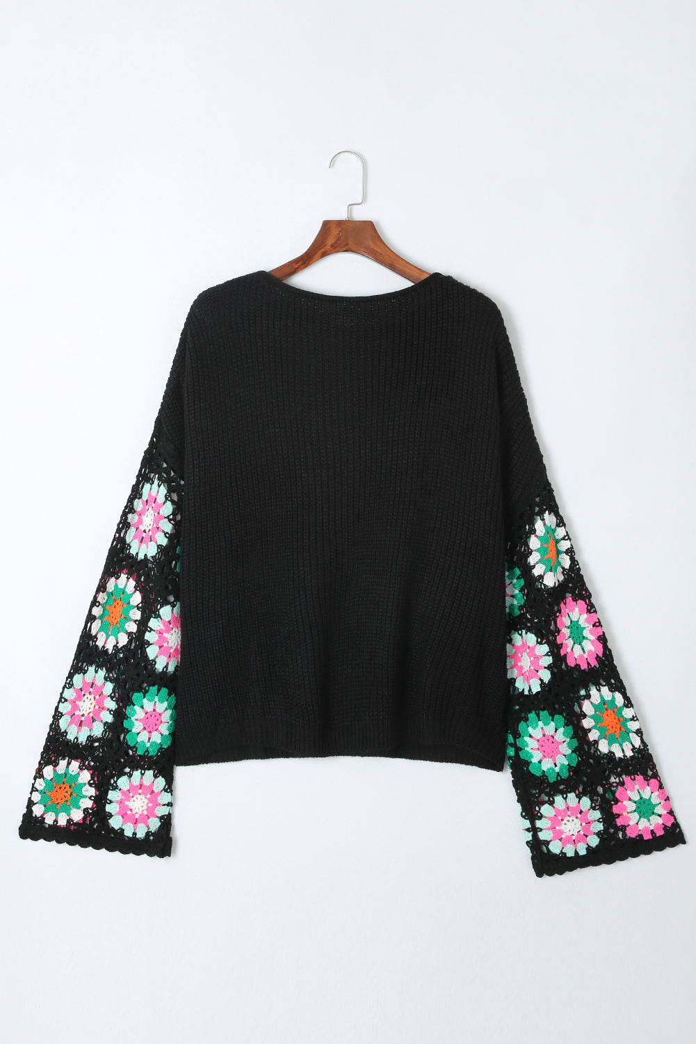 Black Floral Crochet Bell Sleeve Loose Sweater eAura