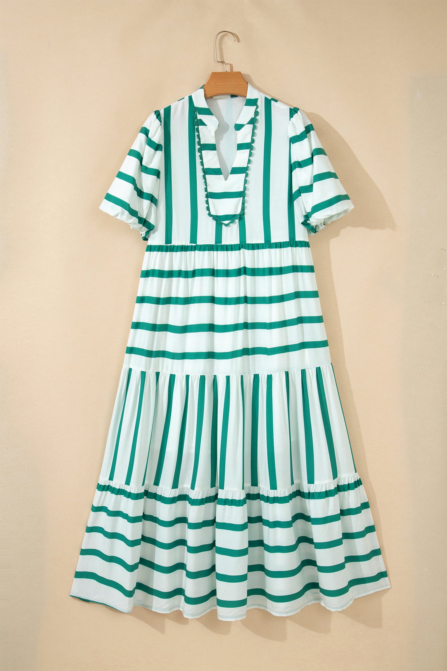 Green Stripe Ricrac Trim Notched Neck Vacation Midi Dress