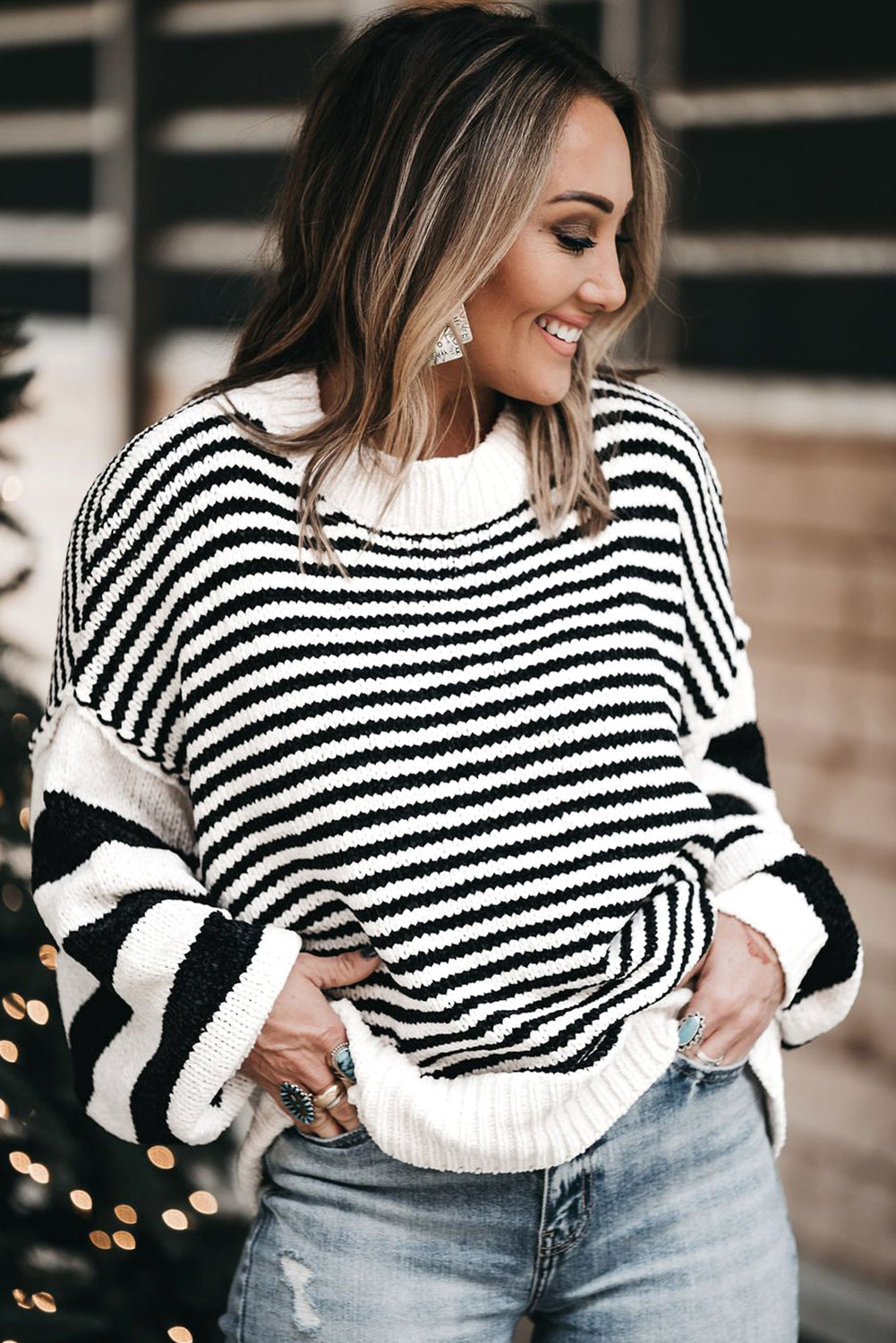 Black white Striped Drop Shoulder Bishop Sleeve Knit Sweater eAura