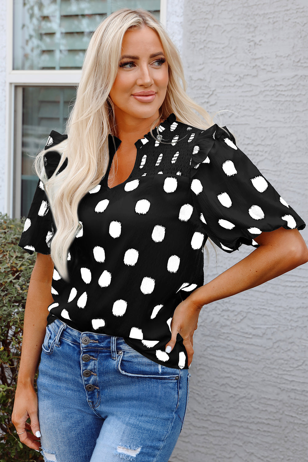 Black Polka Dot Print Shirred Yoke Notched Neck Balloon Sleeve Blouse eAura