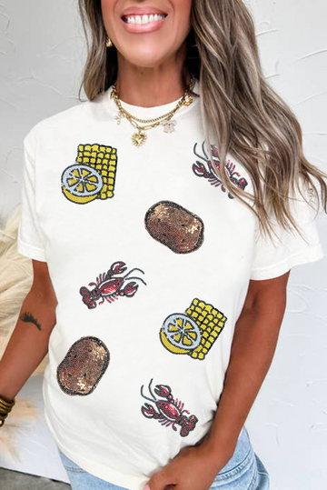 White Sequin Crawfish Potato Lemon Corn Graphic Crewneck T Shirt eAura