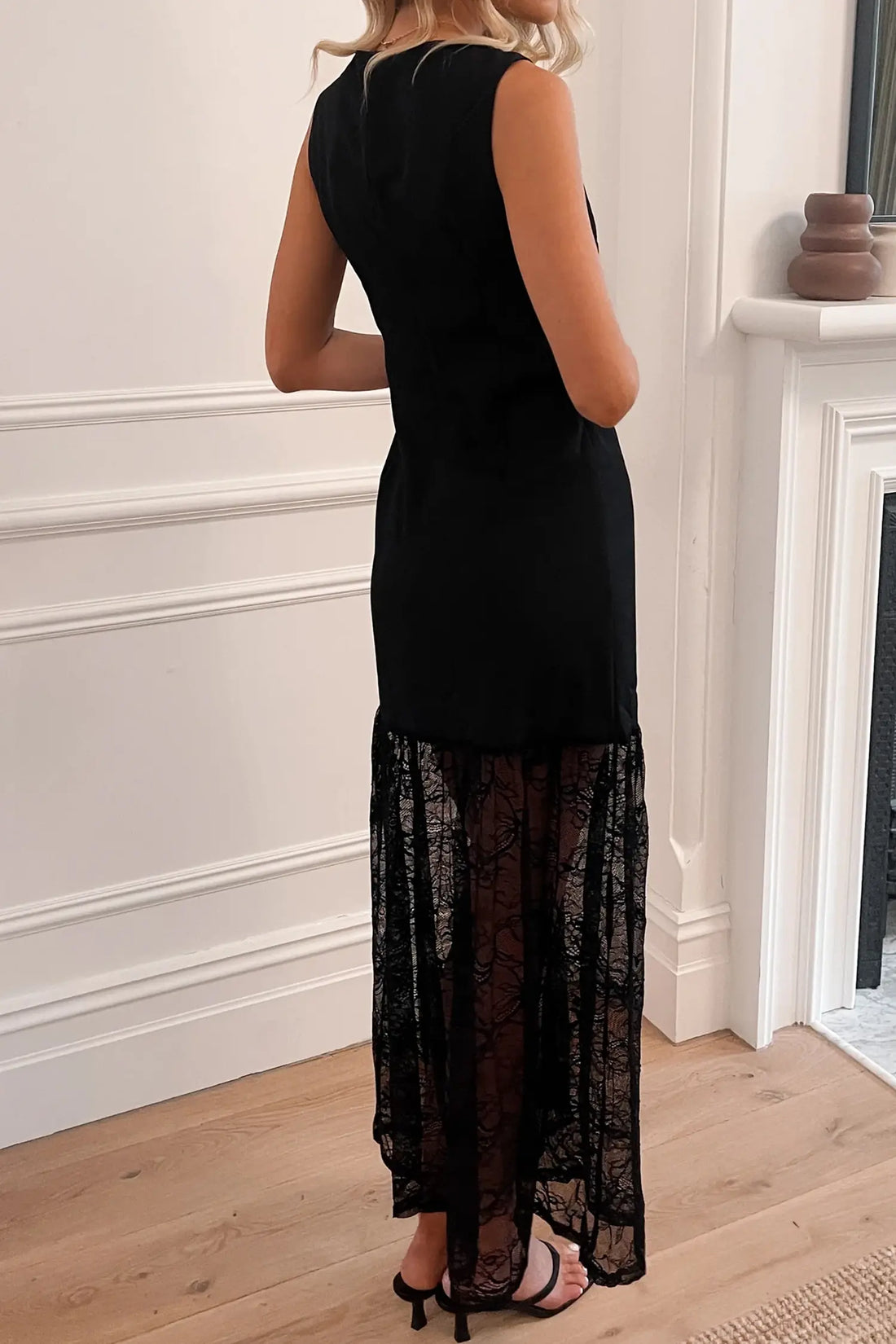 Sleeveless Sheer Floral Lace Patchwork Maxi Dress