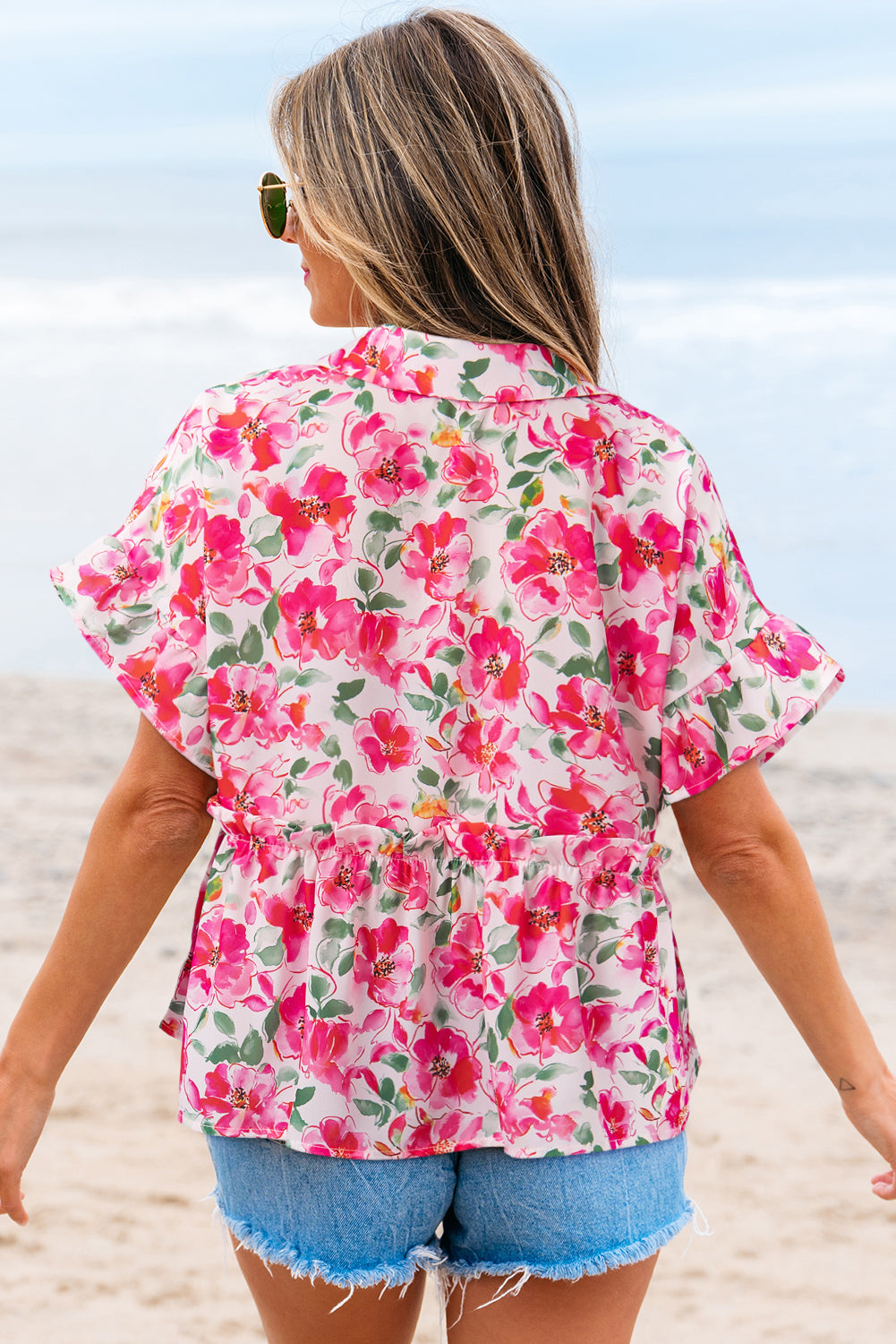 Pink Floral Boxy Fit Ruffled Short Sleeve V Neck Blouse eAura