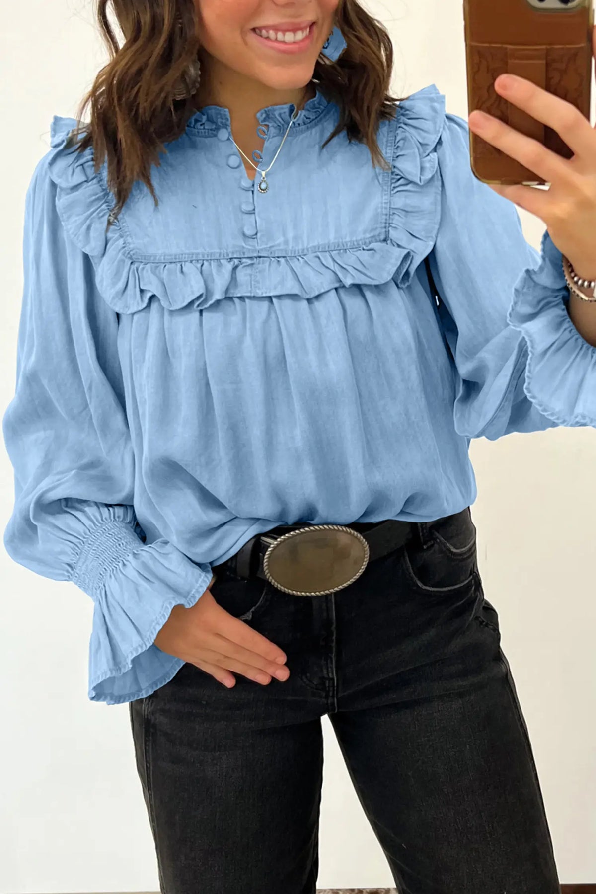 Beau Western Ruffle V Neck Long Sleeve Chambray Blouse – Blue