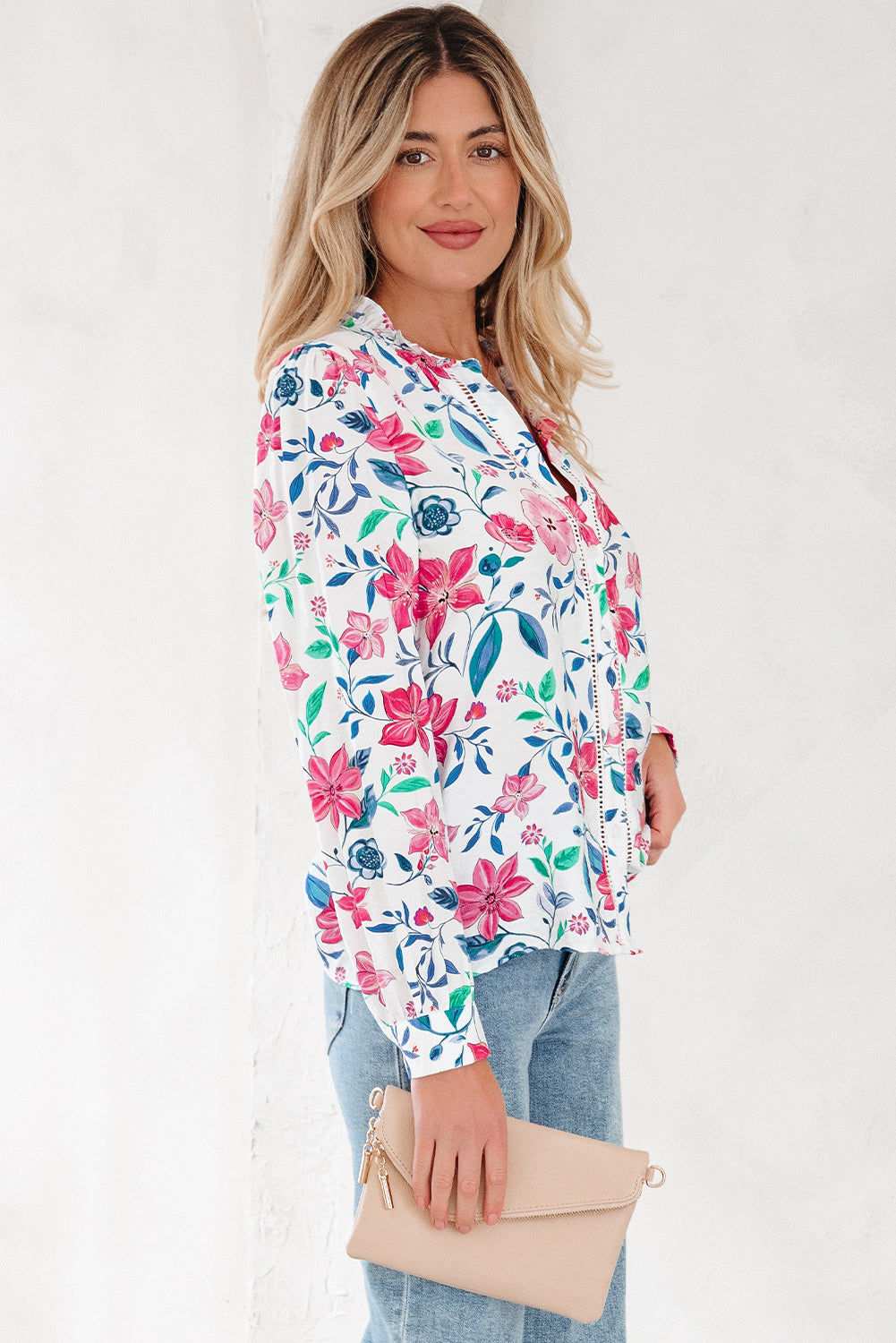 Pink Floral Print Lace Detail Button-up Long Sleeve Shirt - eAura