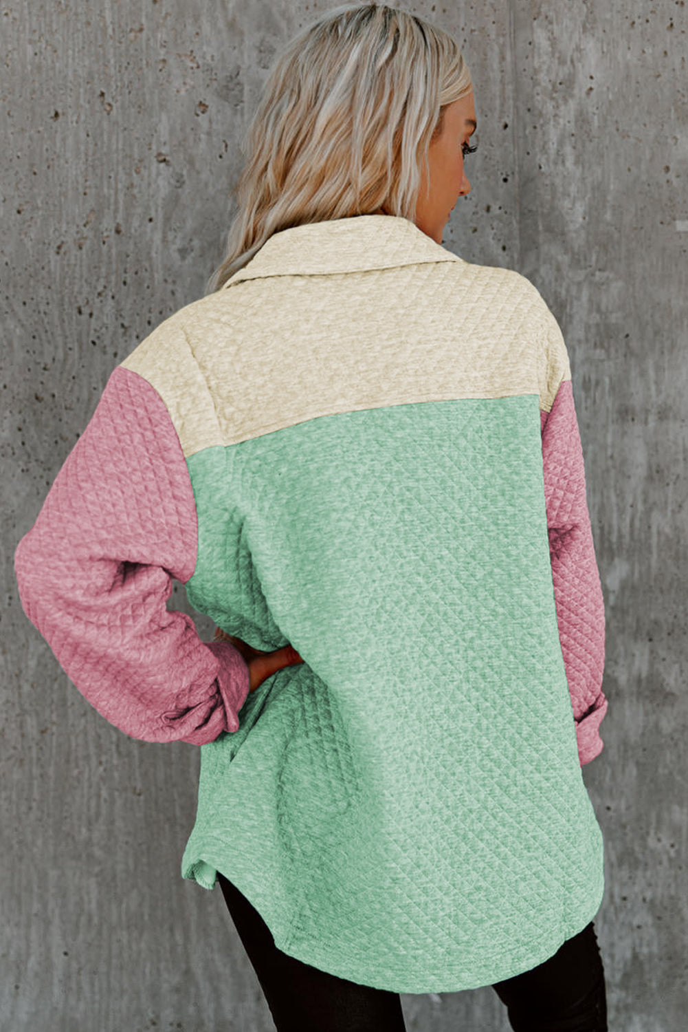 Green Color Block Patchwork Flap Pocket Quilted Shacket BB Fashion Outlet