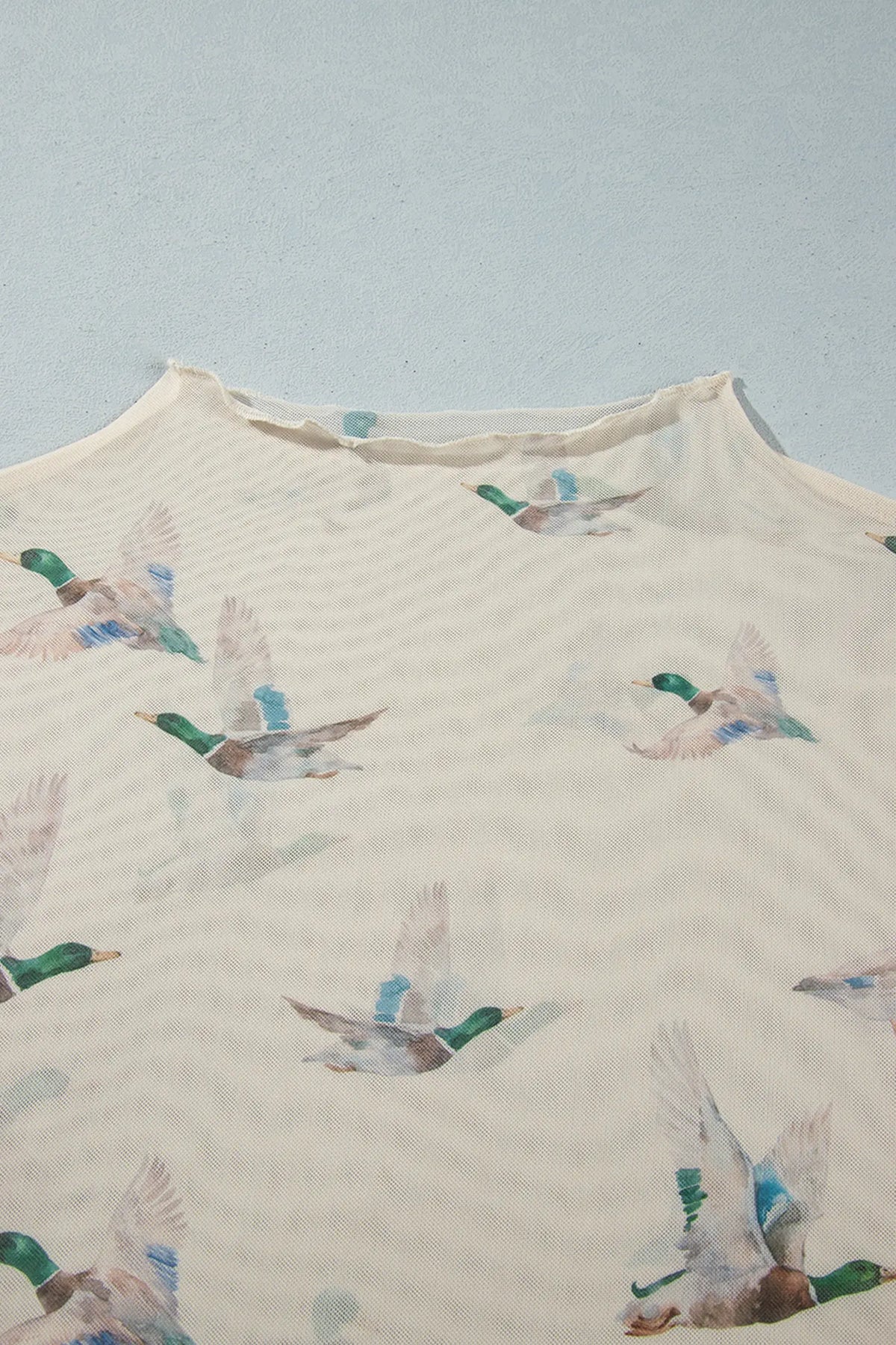 Mesh Duck Print Tunic Long Sleeve Plus Size Blouse – Beige