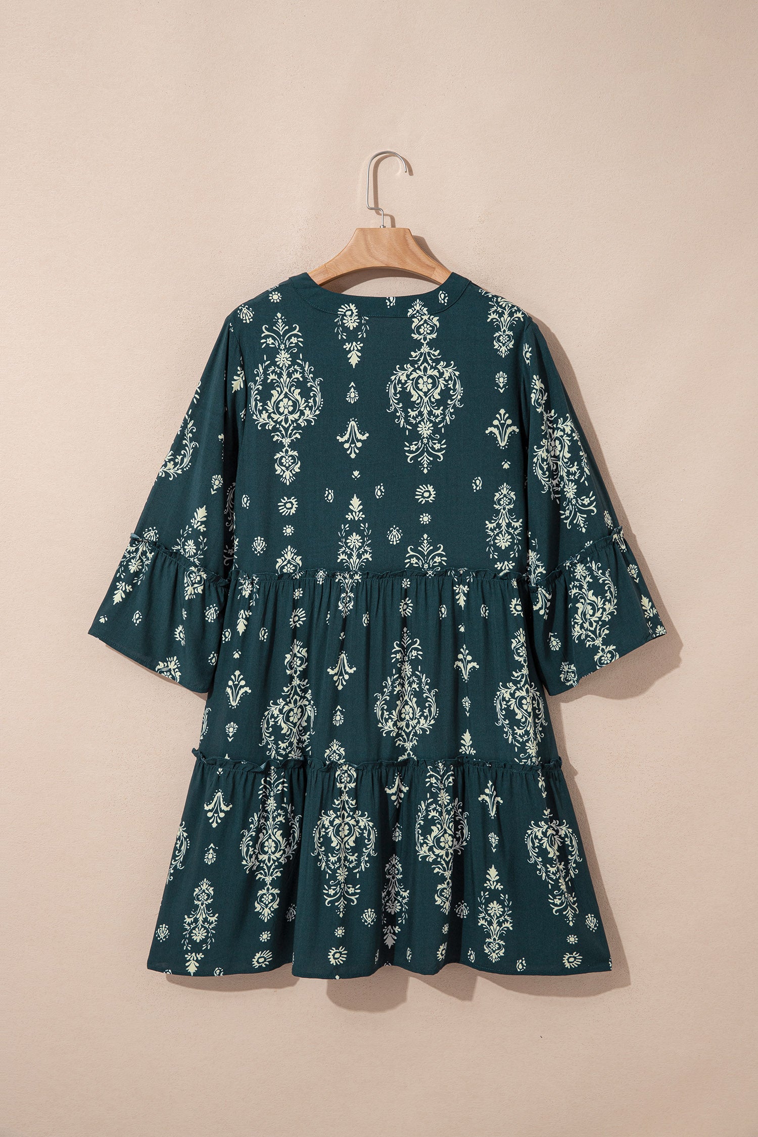 Boho Floral Print Lettuce Trim 3/4 Sleeve Mini Dress