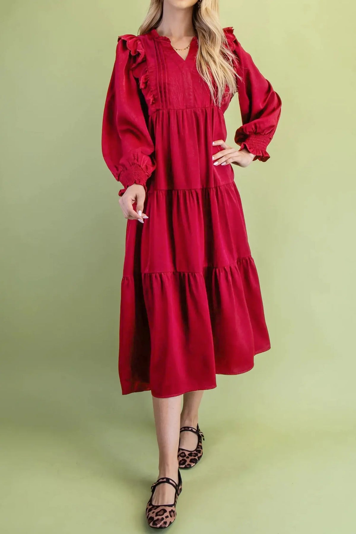 Solid Colour Ruffle Trim Long Sleeve Tiered Shift Midi Dress – Racing Red