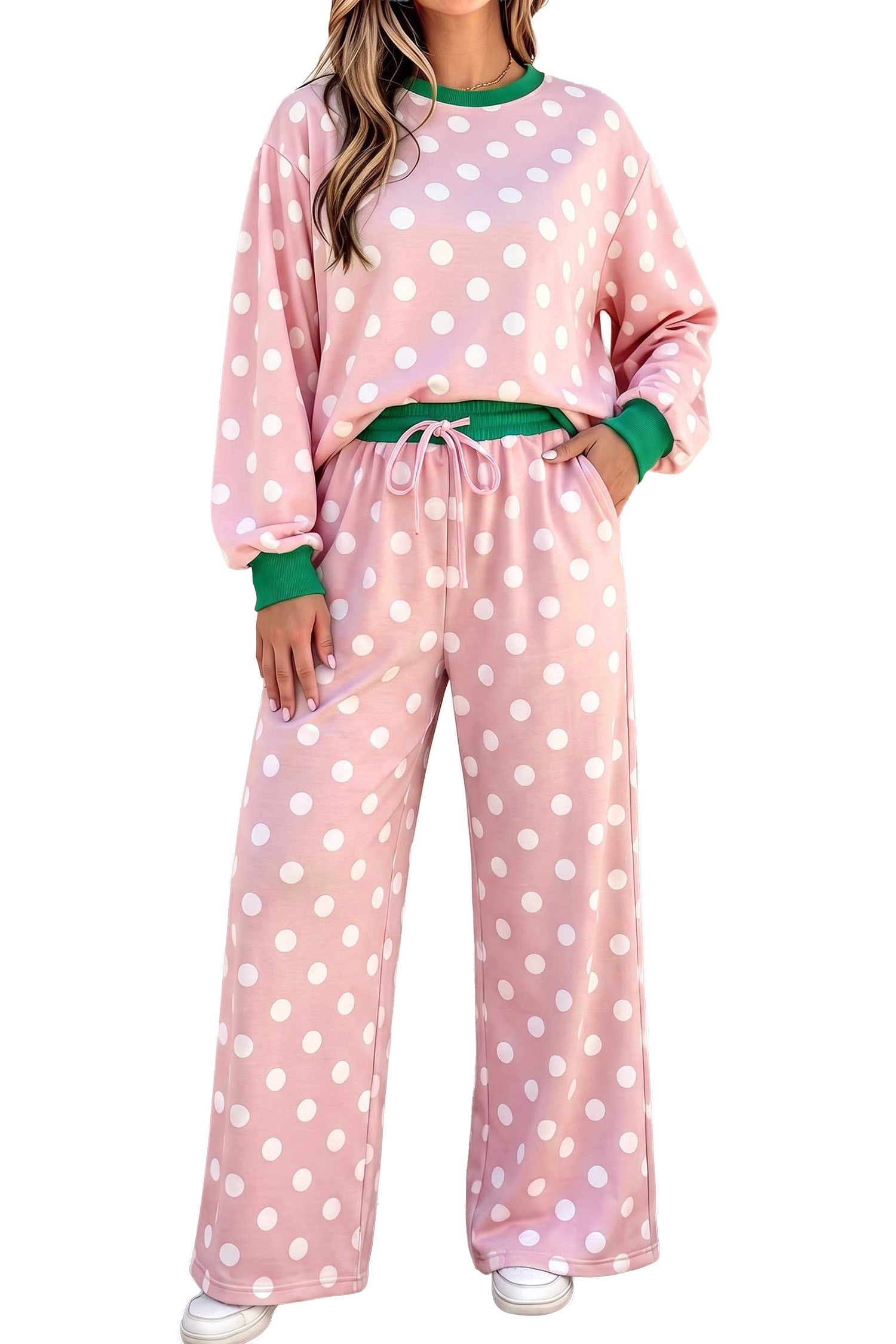 Polka Dot Contrast Trim Long Sleeve Top Drawstring Shift Pants Set – Pink