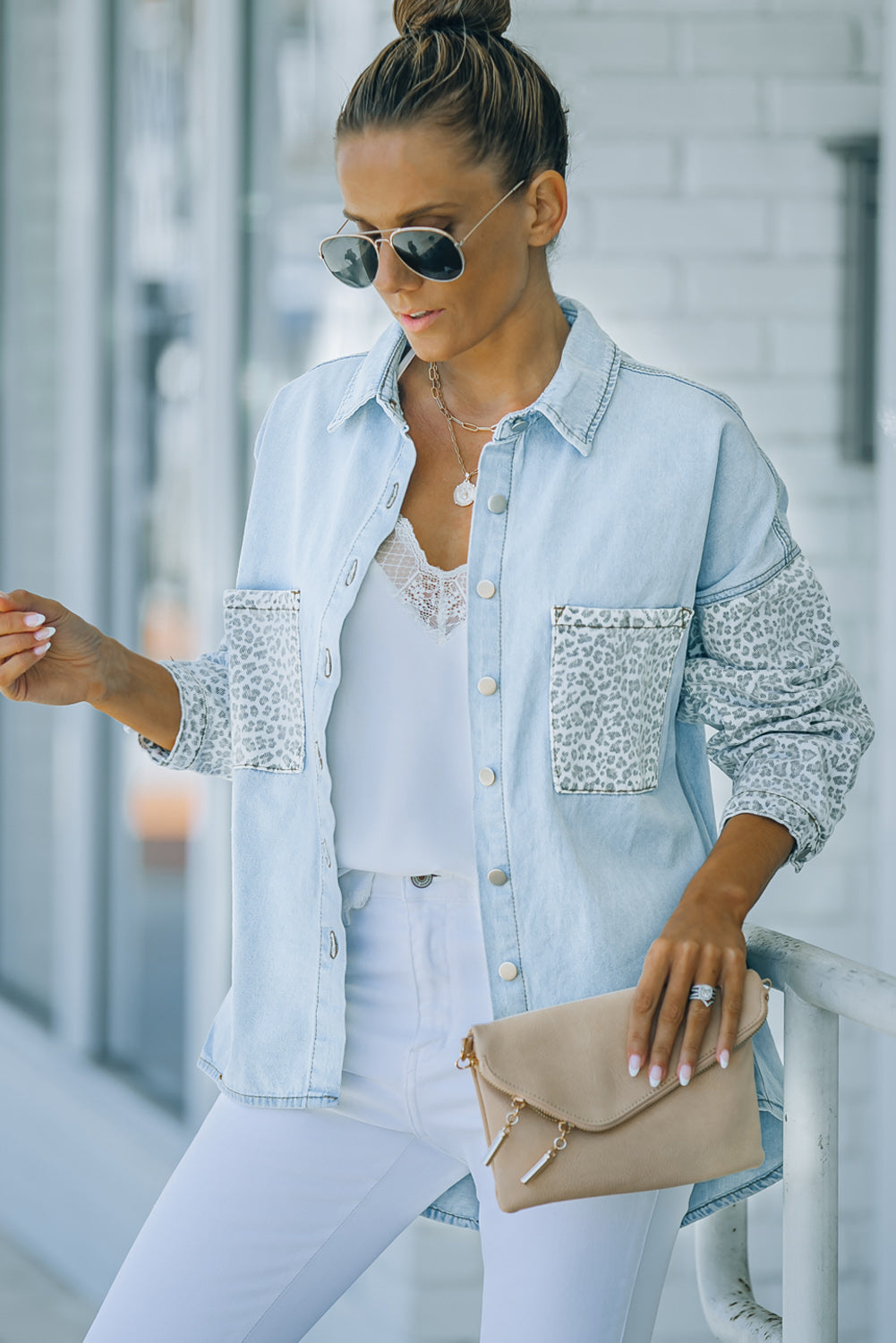 White Contrast Leopard Denim Jacket eAura