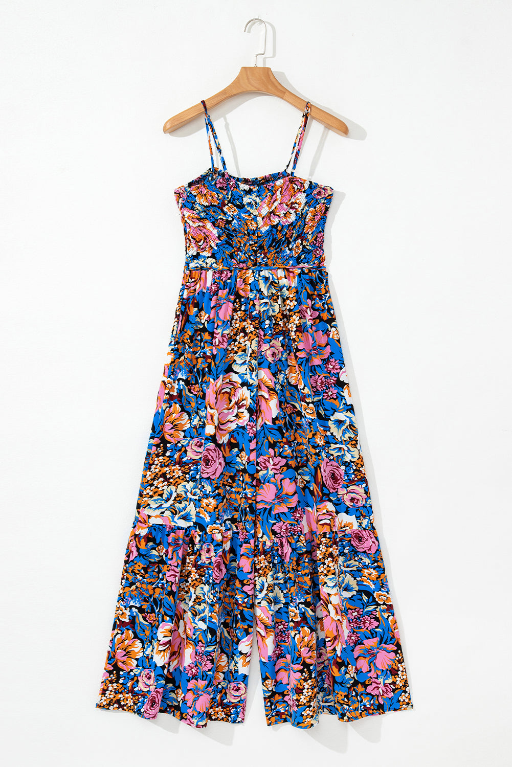 Pink Floral Smocked Bust Spaghetti Straps Wide Leg Jumpsuit eAura