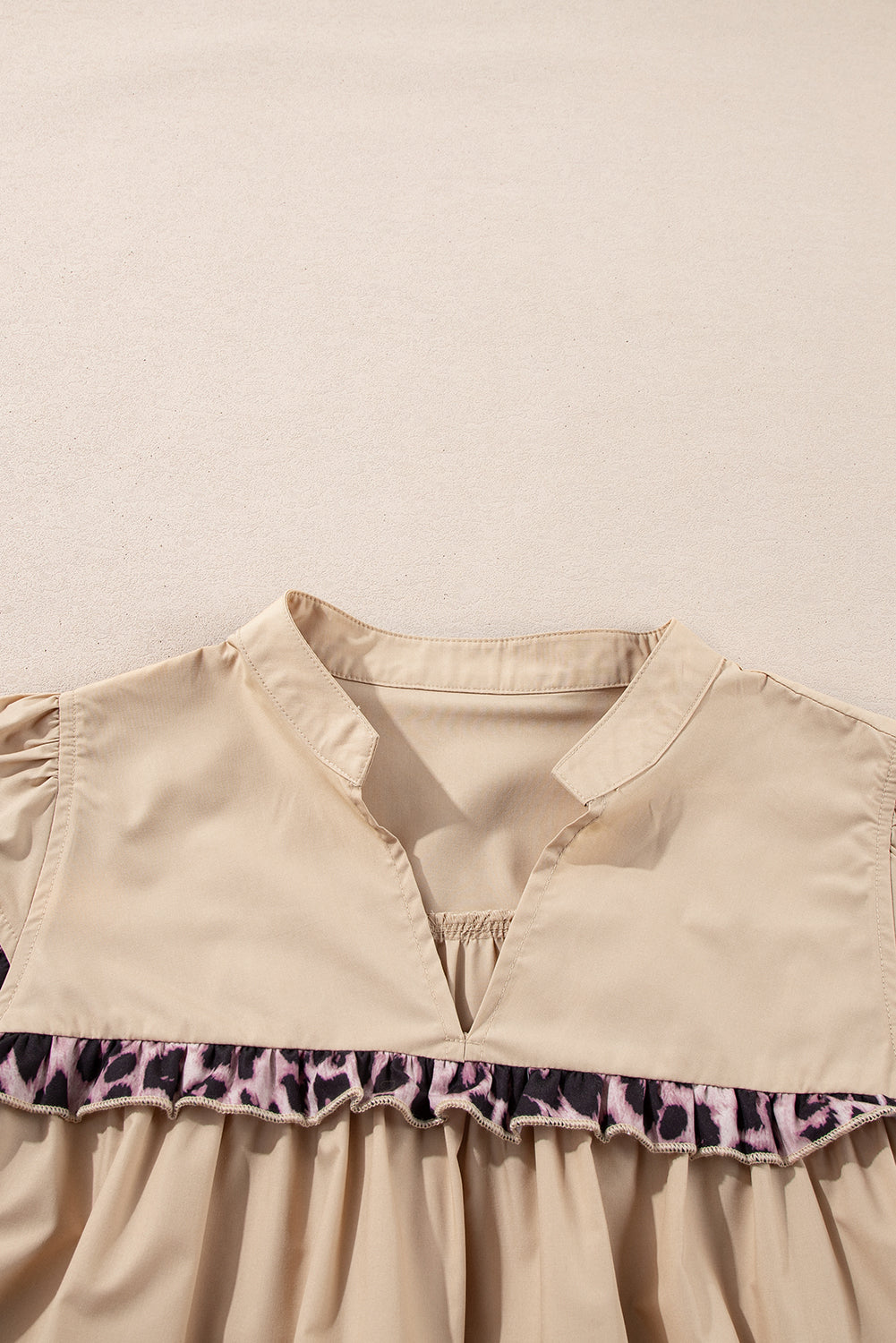 Smoke Grey Leopard Ruffles Trim Tiered Short Sleeve Blouse eAura