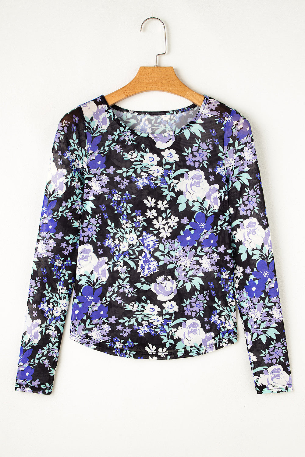 Orchid Petal Floral Print Mesh Fitted Long Sleeve Top eAura