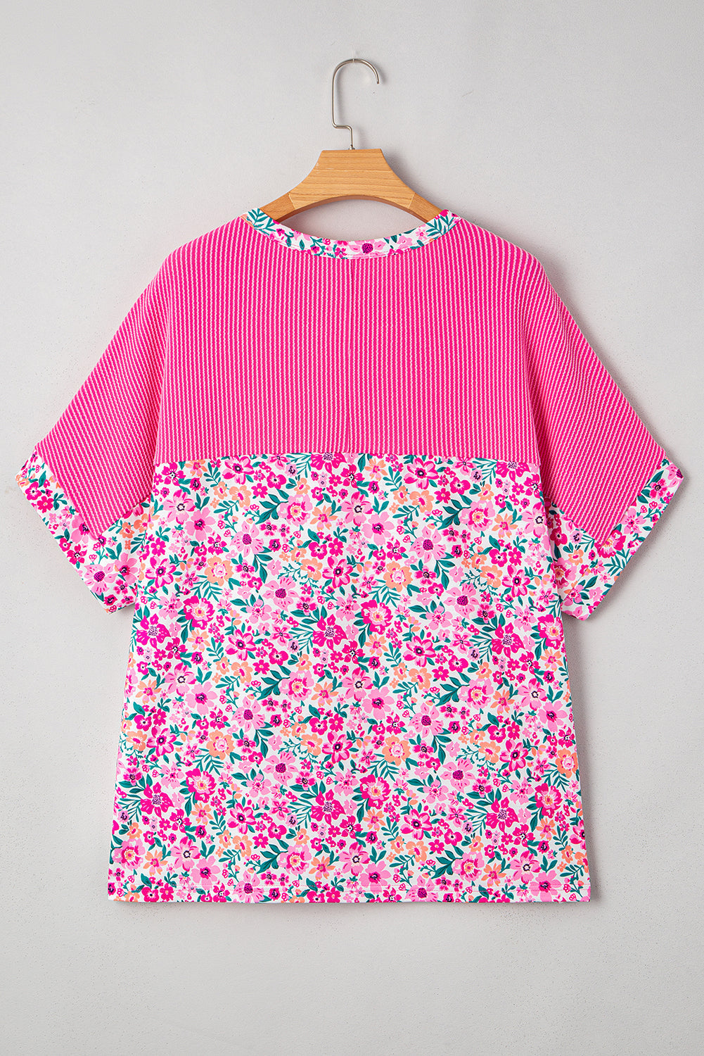 Pink Plus Size Floral Print Ribbed Patchwork Loose Top BB Fashion Outlet
