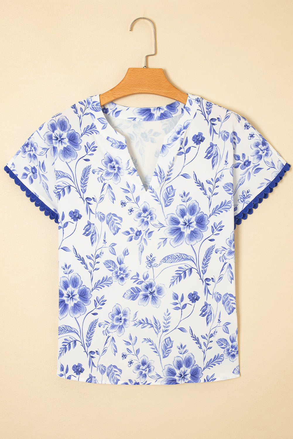Blue Elegant Floral Print Ricrac Trim Short Sleeve Blouse eAura