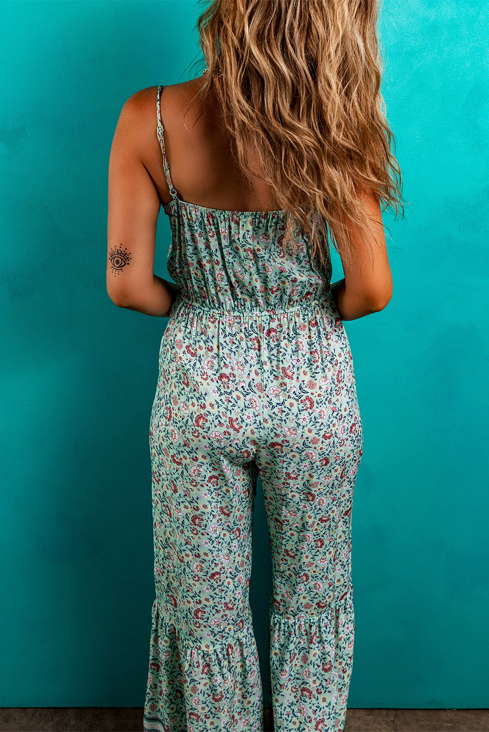 Bohemian Floral Ruffle Bottom Spaghetti Strap Jumpsuit eAura