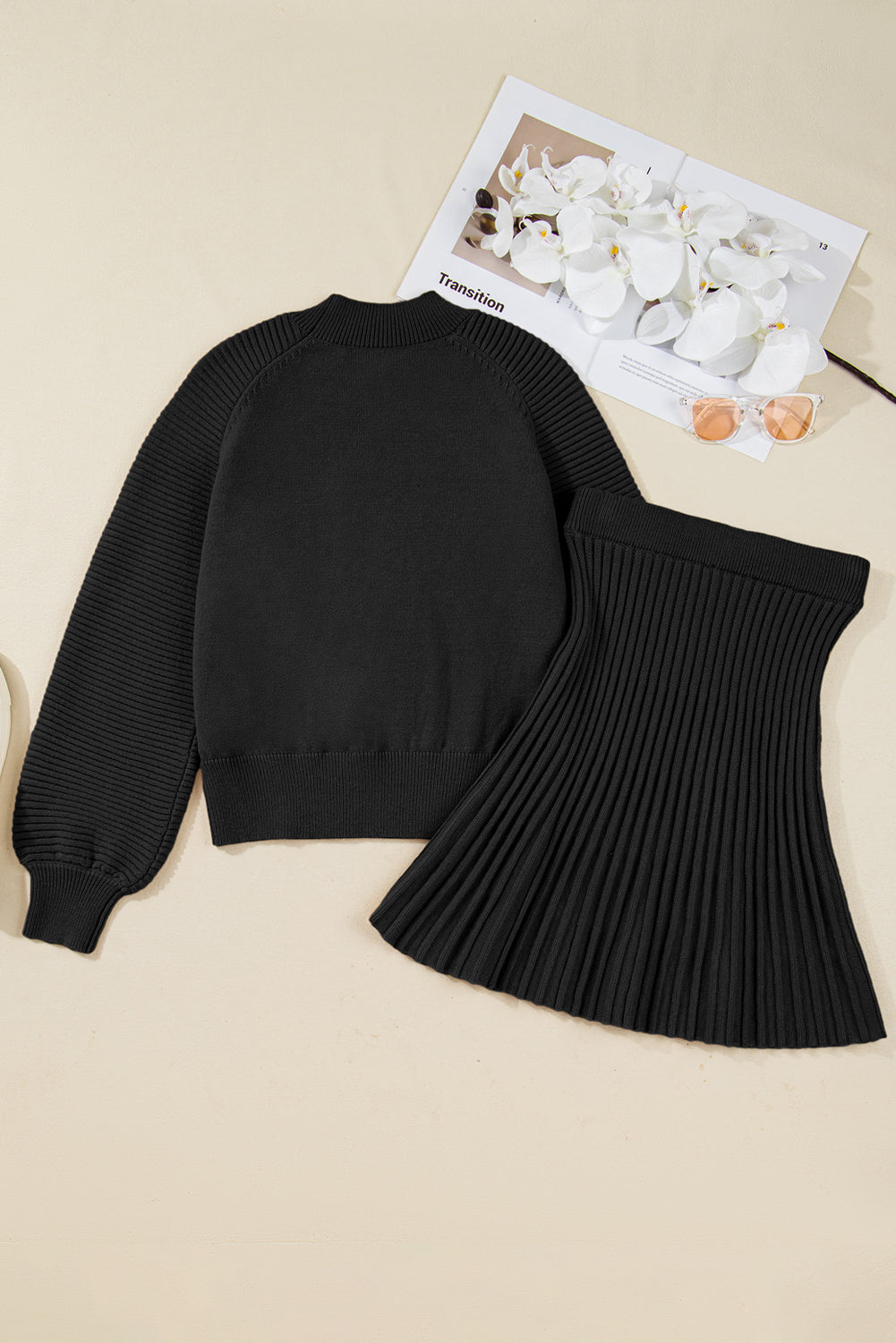 High Neck Puff Sleeve Sweater and Pleated Mini Skirt Co-ord Knit Outfit - Two Piece Sets/Two Dresses
