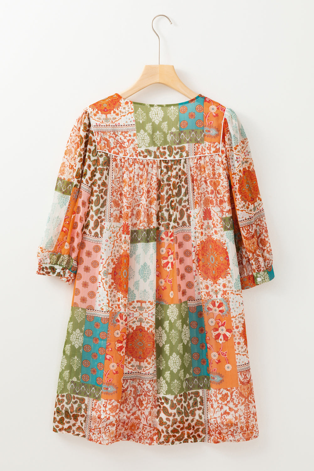 Orange Boho Paisley Mixed Print 3/4 Sleeve Chiffon Loose Dress eAura