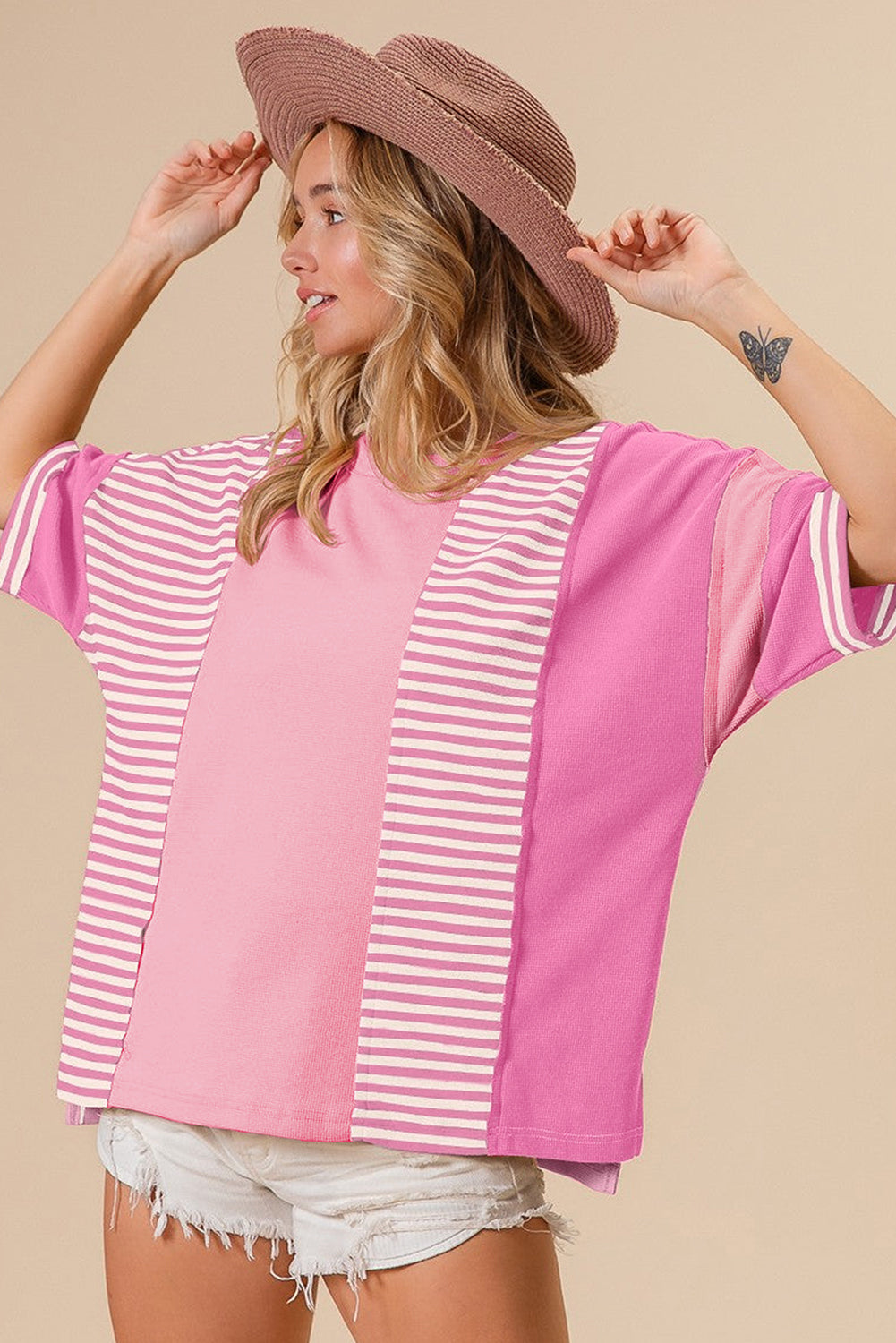 Pink Stripe Color Block Patchwork Loose Half Sleeve T Shirt BB Fashion Outlet