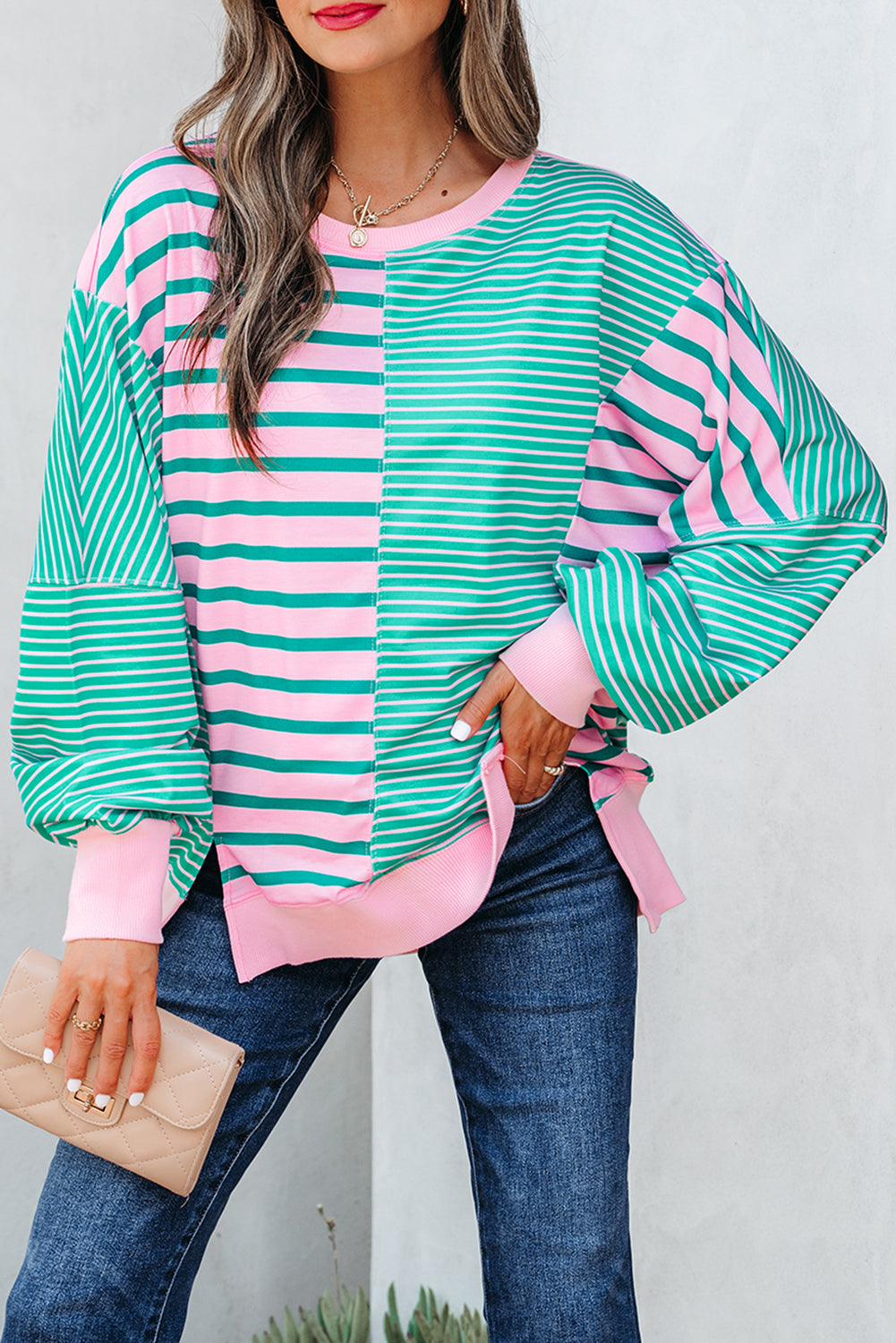 Green Stripe Patchwork Side Slit Oversized Sweatshirt - eAura