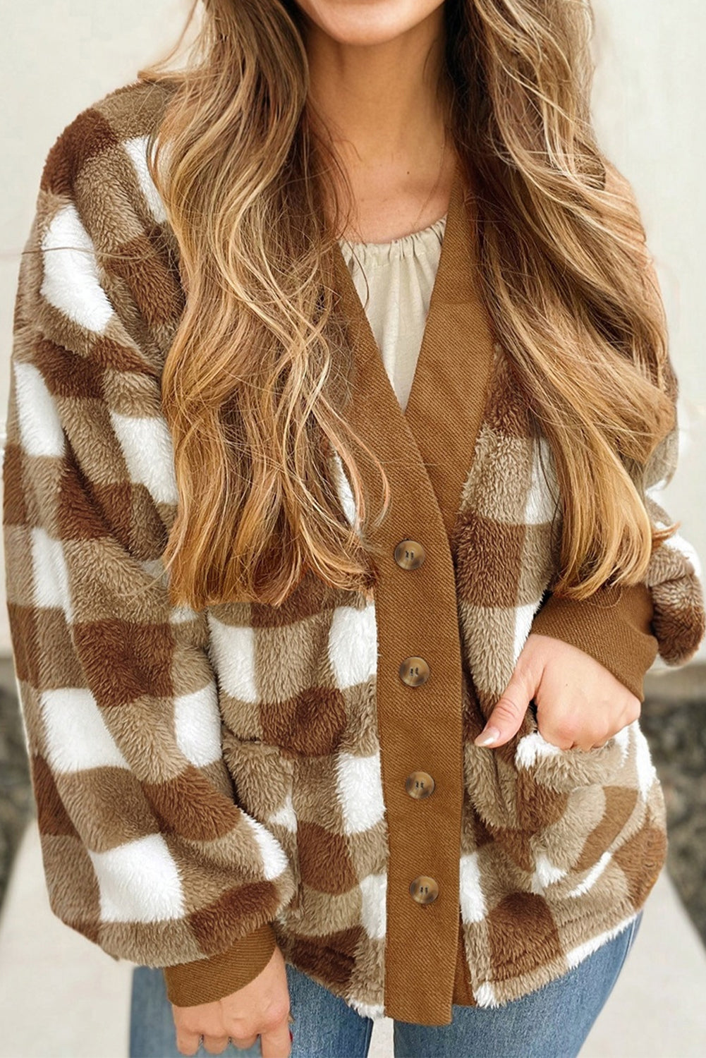 Checkered Sherpa Oversized Cardigan with Pockets Dear-Lover Dropshipping