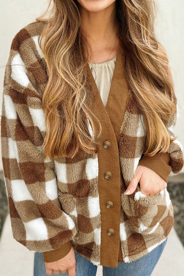 Checkered Sherpa Oversized Cardigan with Pockets Dear-Lover Dropshipping